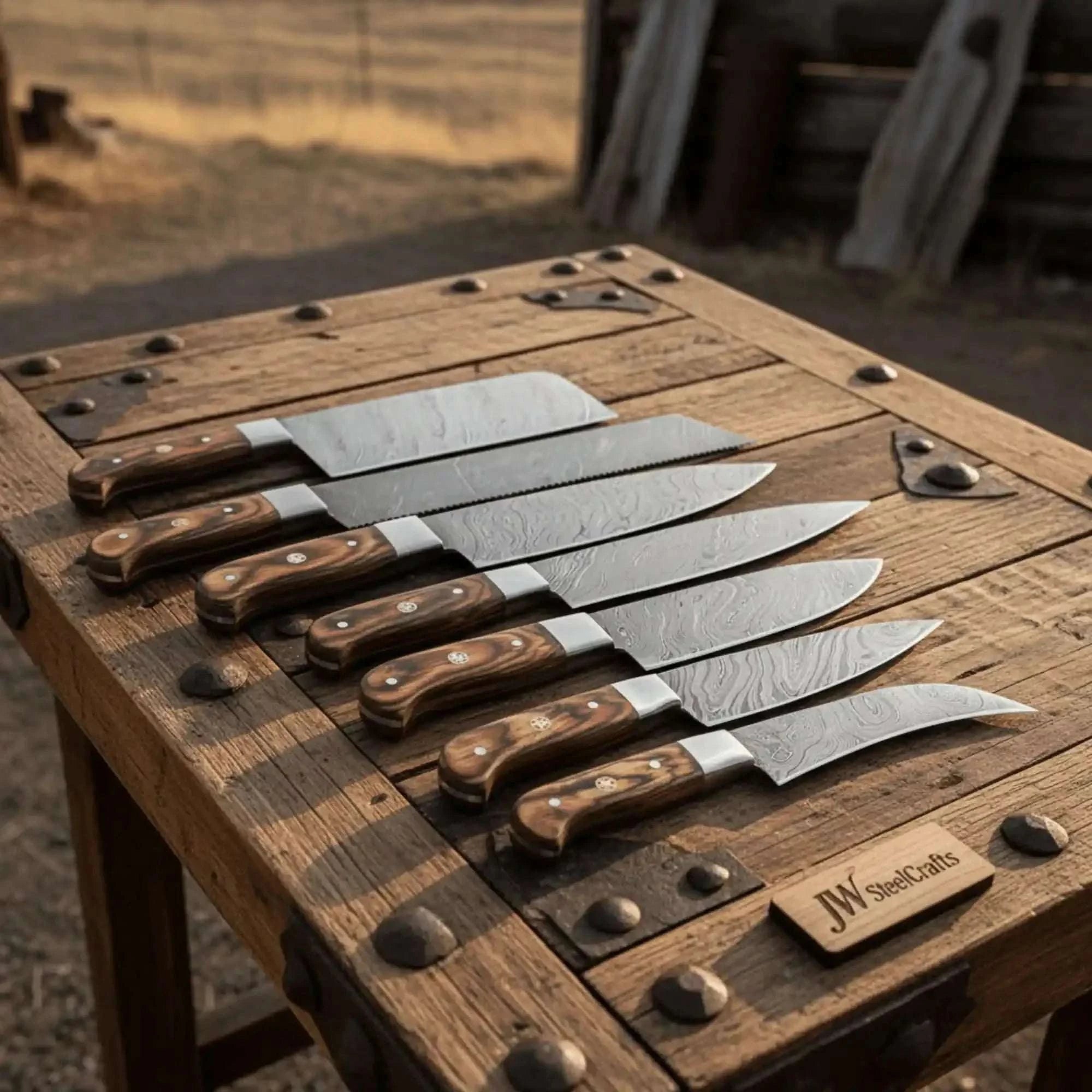 Palmarius Outdoors 7-Piece Damascus Steel Kitchen Knife Collection with Flowing Water Pattern Blades. Handmade Chef Knife Sets