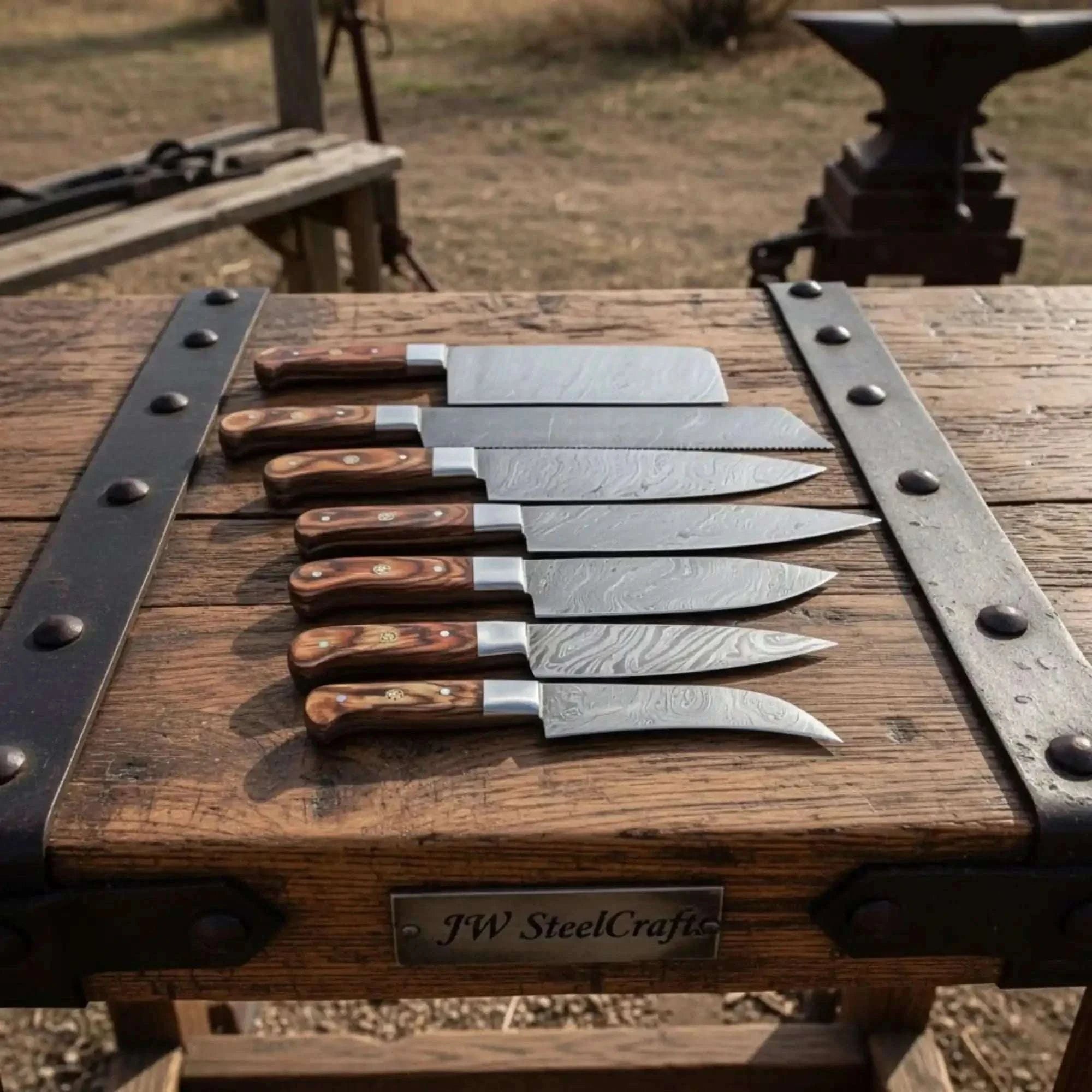 Palmarius Outdoors 7-Piece Damascus Steel Kitchen Knife Collection with Flowing Water Pattern Blades. Handmade Chef Knife Sets