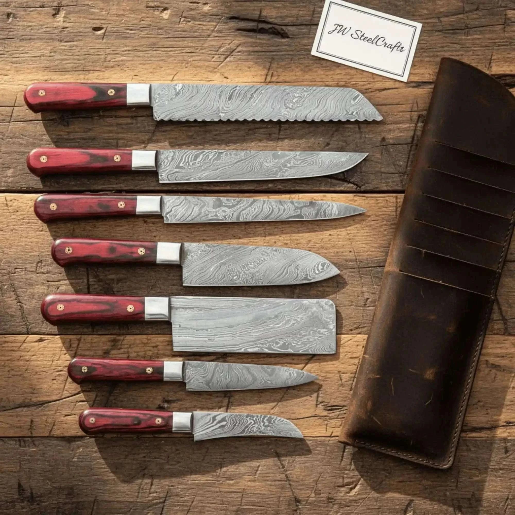 Palmarius Outdoors Handmade Damascus Kitchen Knife Set with Red Pakka Wood Handles | Complete 7-Piece Collection Handmade Chef Knife Sets