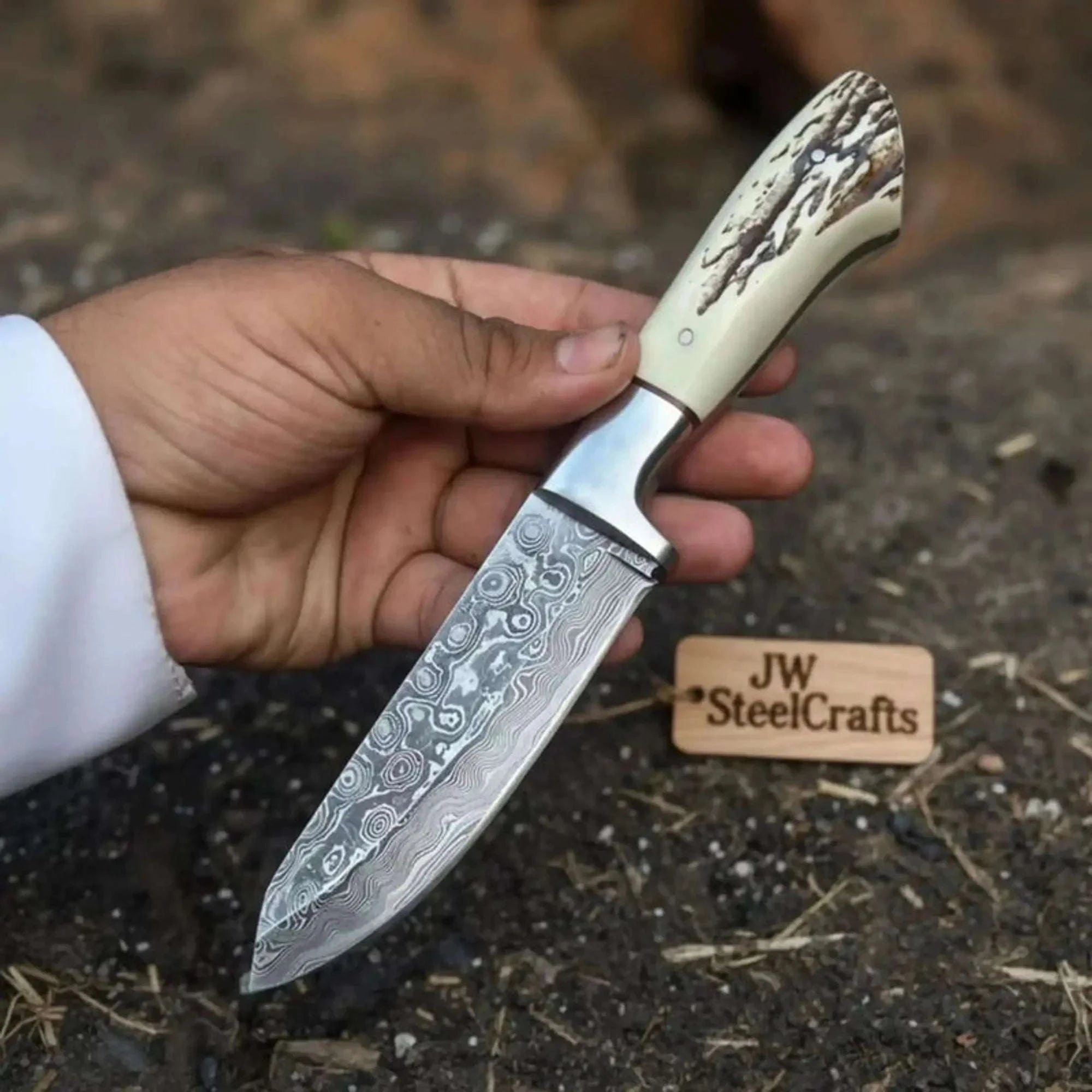 Palmarius Outdoors Custom Damascus Drop Point Belt Knife Fixed Blade Synthetic Stag Handle with Steel Bolster 