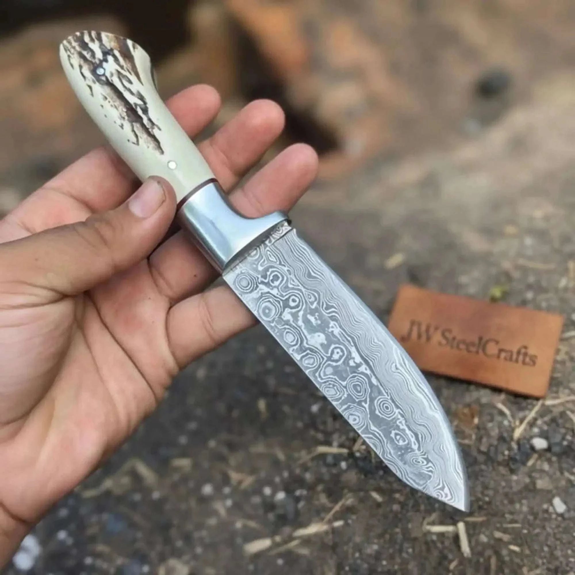Palmarius Outdoors Custom Damascus Drop Point Belt Knife Fixed Blade Synthetic Stag Handle with Steel Bolster 