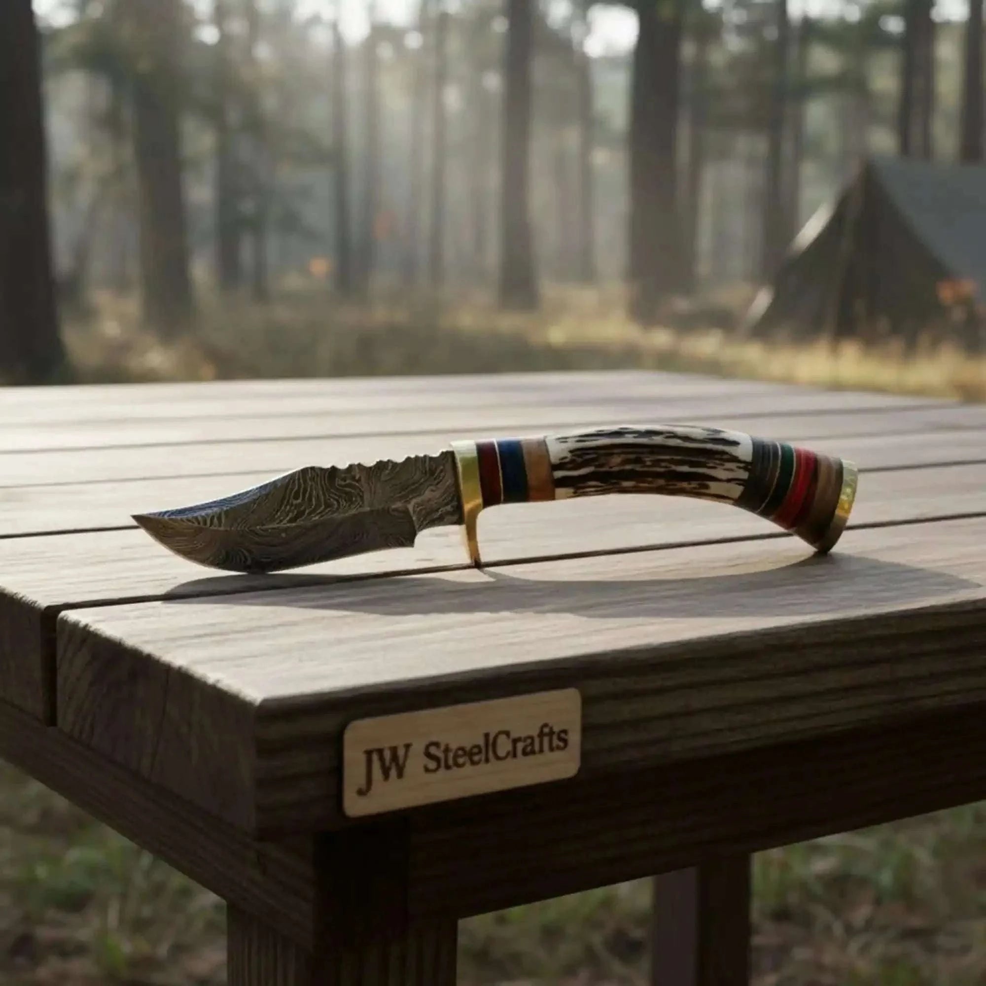 Palmarius Outdoors Damascus Steel Skinner Knife Deer Antler Handle Brass Guard Handmade Fixed Blade Hunting Knife Skinner Knife