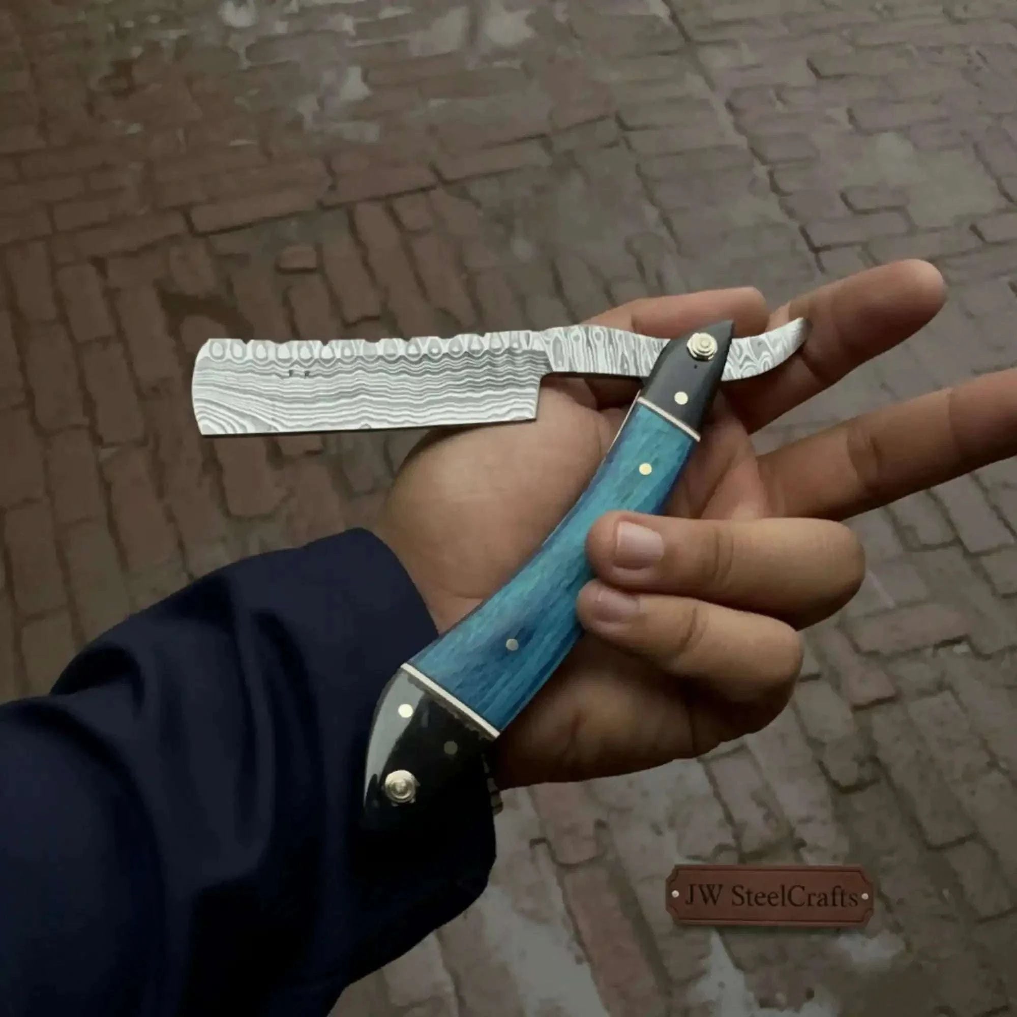 Palmarius Outdoors Straight Razor Damascus Steel Folding Barber Razor Blue Wood Handle 
