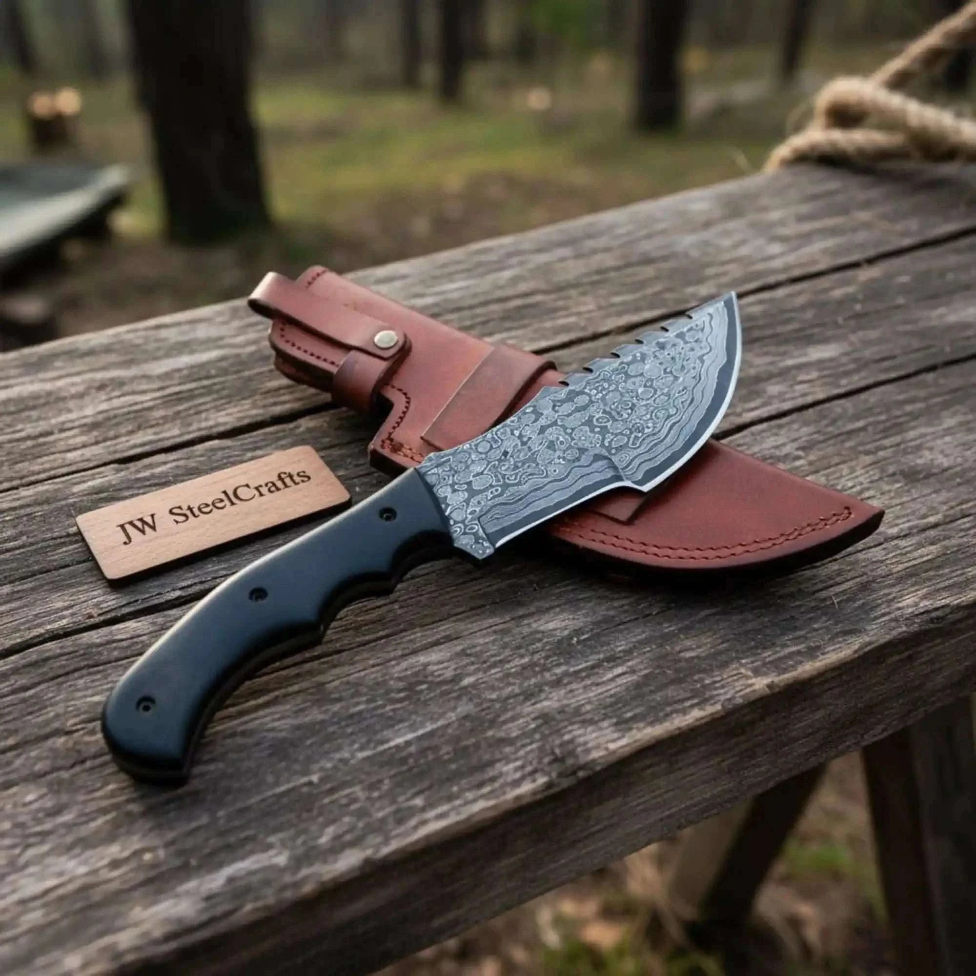 Palmarius Outdoors Damascus Steel Tracker Knife with Black Handle – 10 Inch Overall Handmade Tracker Knives
