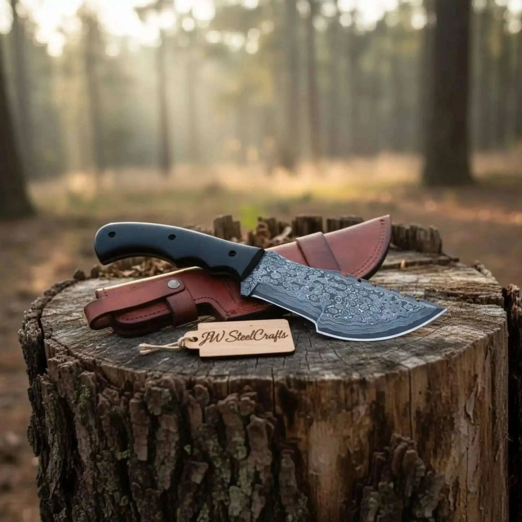 Palmarius Outdoors Damascus Steel Tracker Knife with Black Handle – 10 Inch Overall Handmade Tracker Knives
