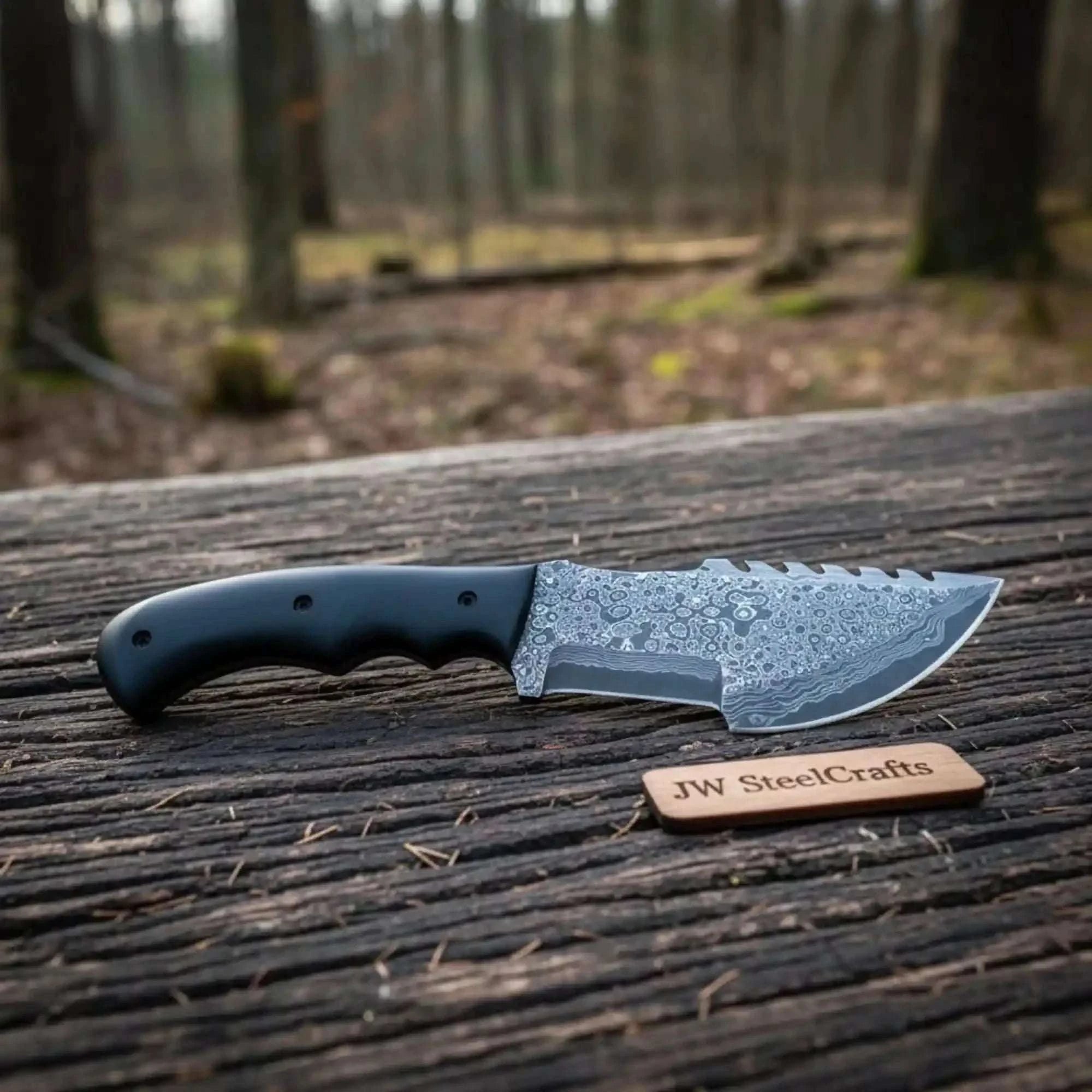 Palmarius Outdoors Damascus Steel Tracker Knife with Black Handle – 10 Inch Overall Handmade Tracker Knives