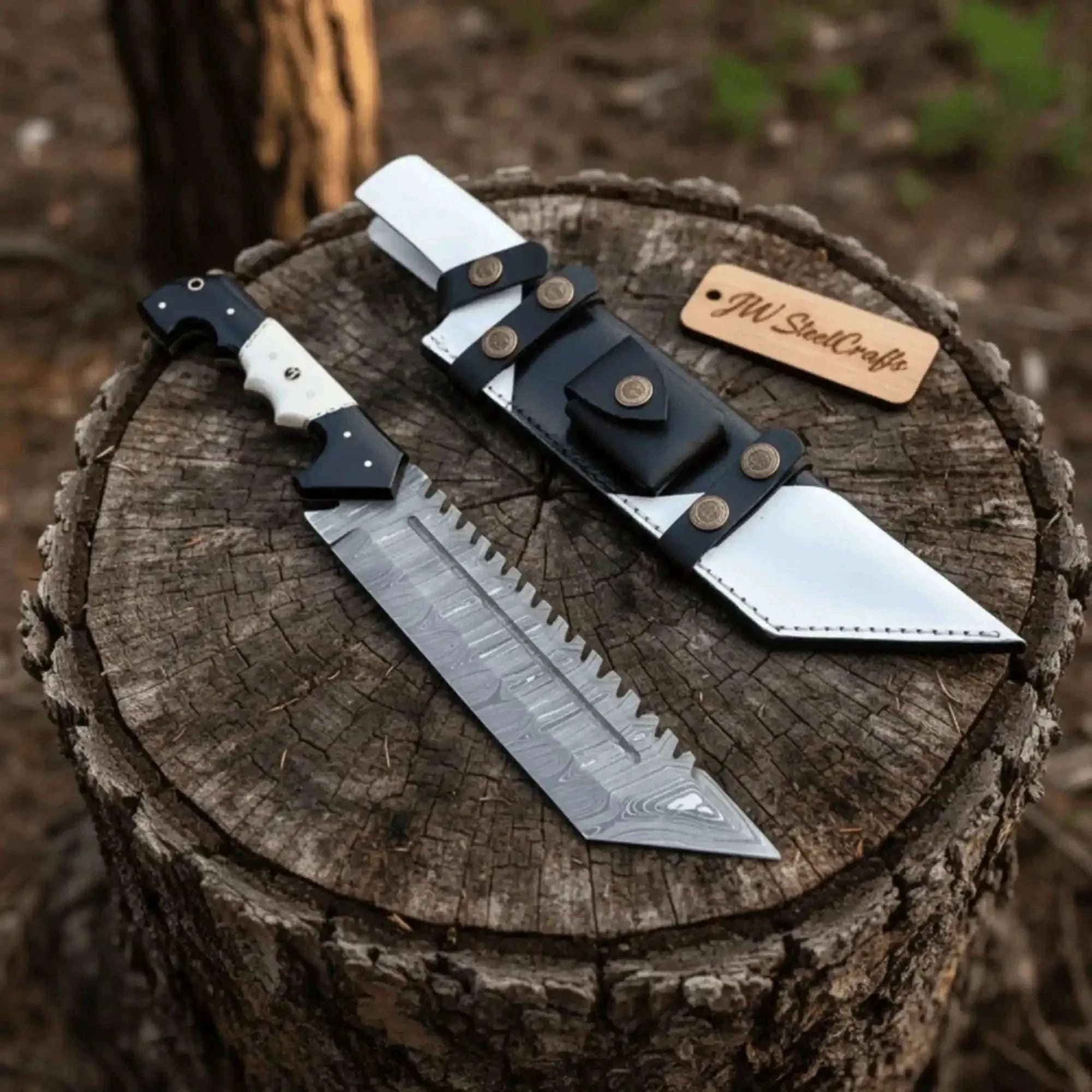 Palmarius Outdoors Damascus Steel Tracker Knife with Dual-Tone Bone & Black Handle | Handmade Leather Sheath Handmade Tracker Knives