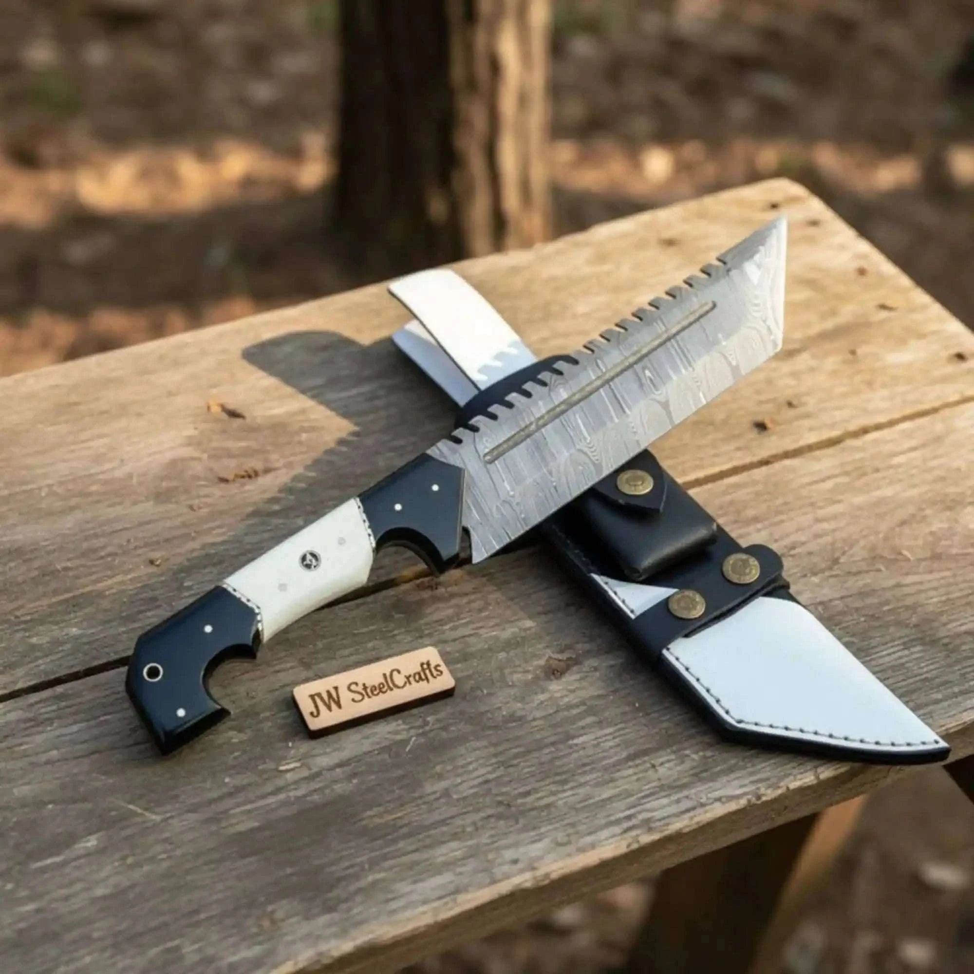 Palmarius Outdoors Damascus Steel Tracker Knife with Dual-Tone Bone & Black Handle | Handmade Leather Sheath Handmade Tracker Knives