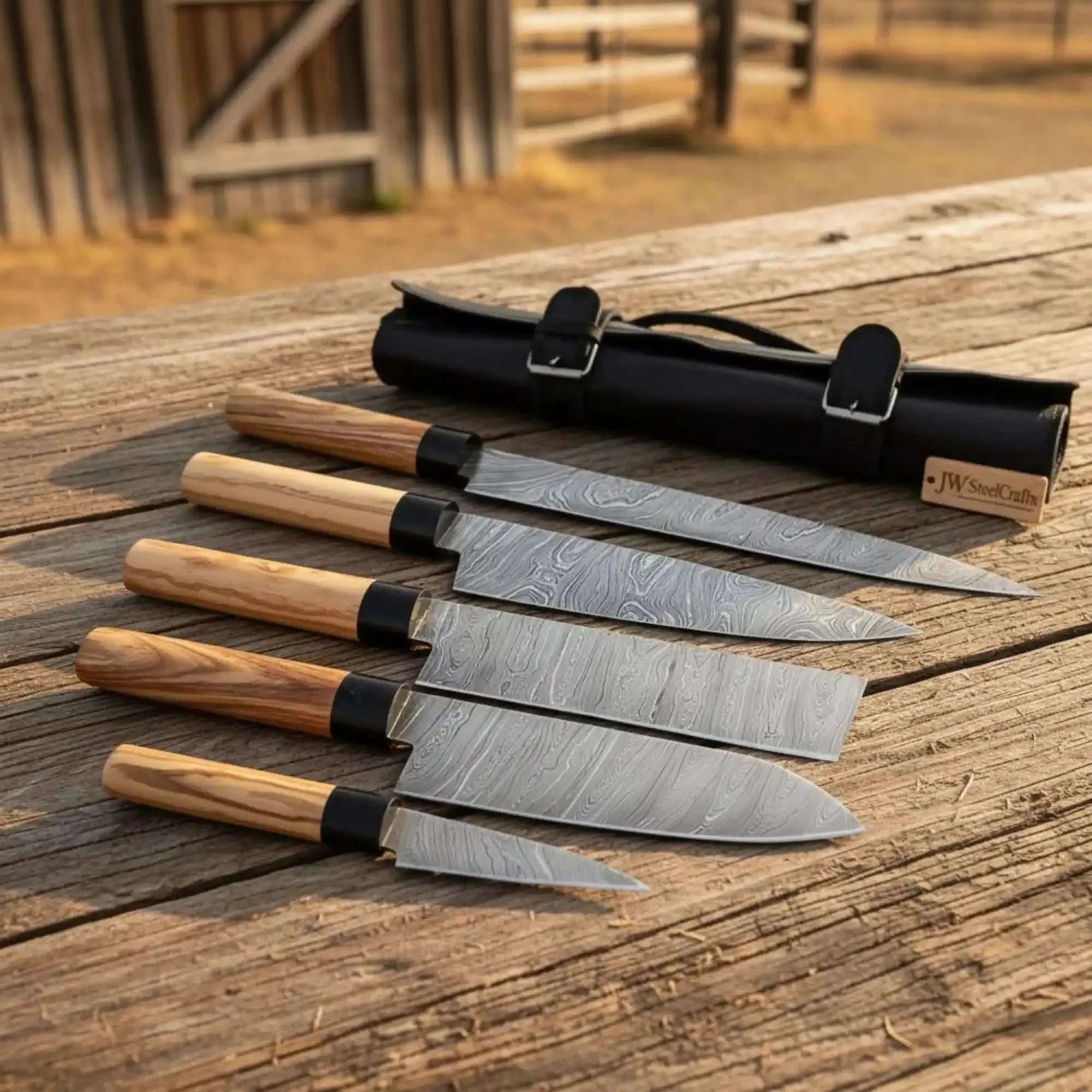 Palmarius Outdoors 5-Piece Damascus Sujihiki Nakiri Knife Set – Olive Wood & Black Resin Handles Handmade Chef Knife Sets