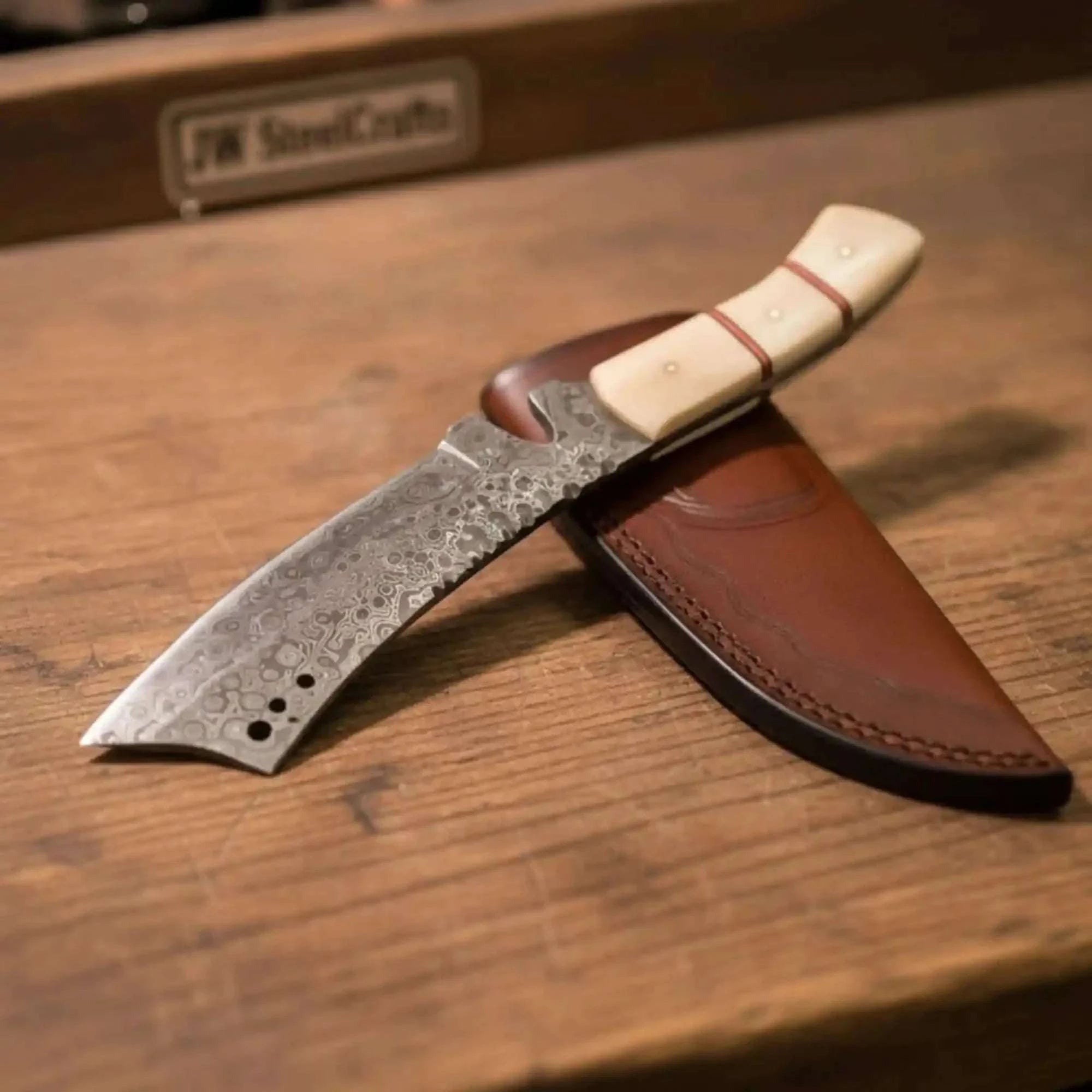 Palmarius Outdoors Damascus Tanto Trailing Point Hunting Knife Bone Handle 12 Inch Handmade Leather Sheath Tanto Knife