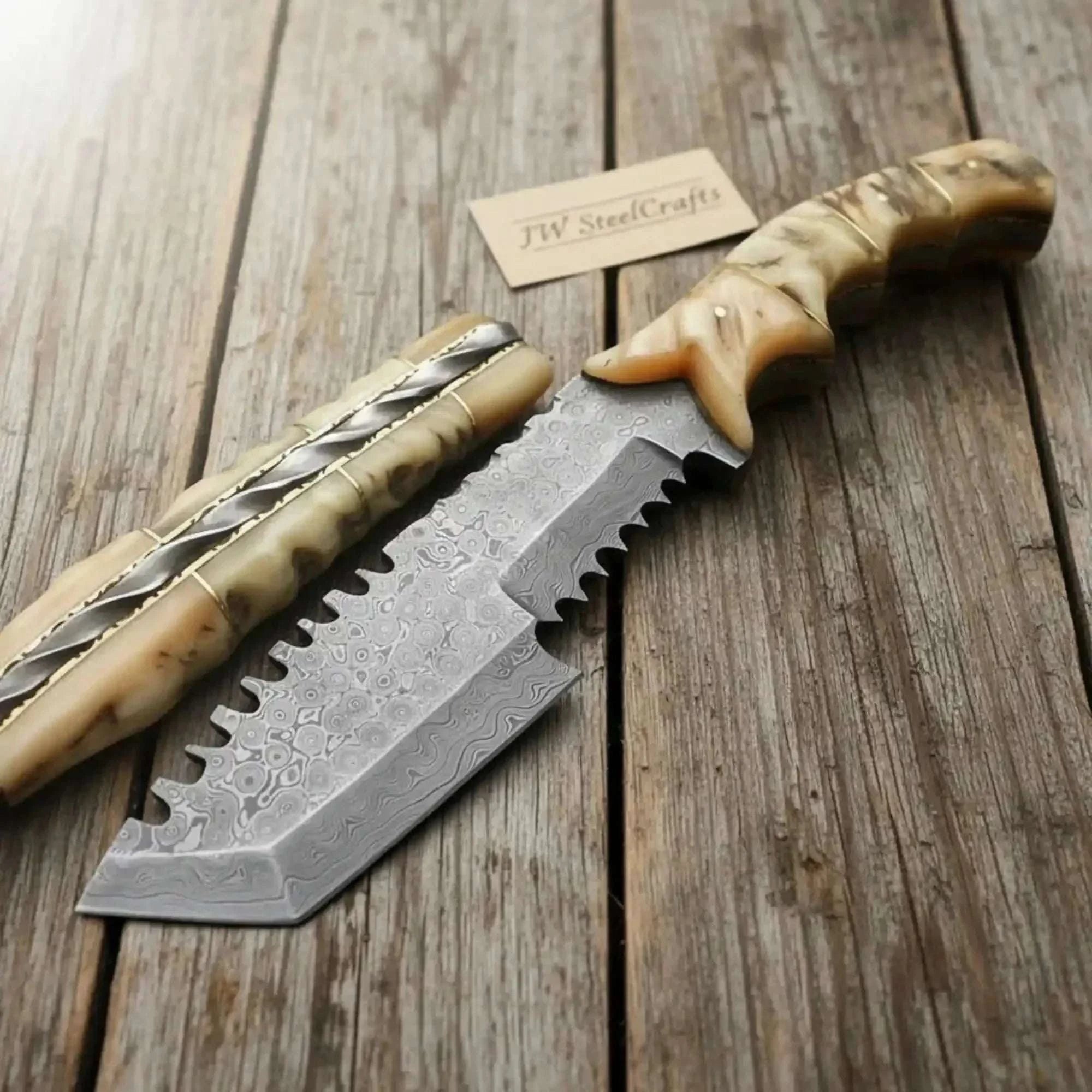 Palmarius Outdoors Damascus Tom Brown Tracker Knife with Ram Horn Handle - Full Tang Survival Knife