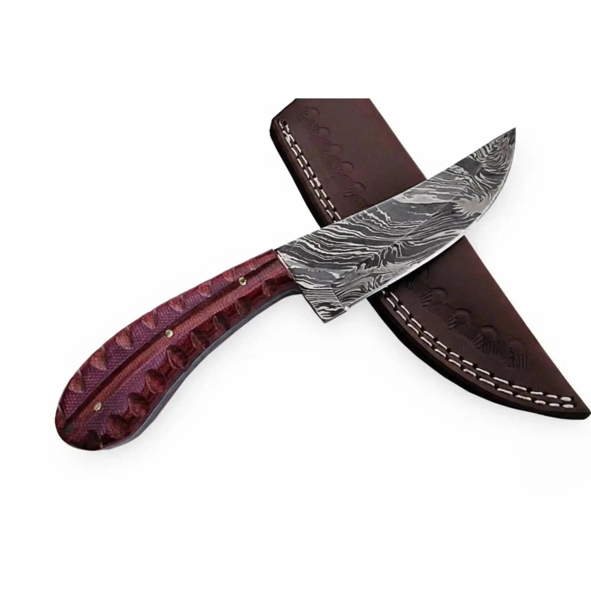 Palmarius Outdoors Damascus Trailing Point Skinner Knife with Red Wood Handle – 9 Inch Overall Skinner Knife