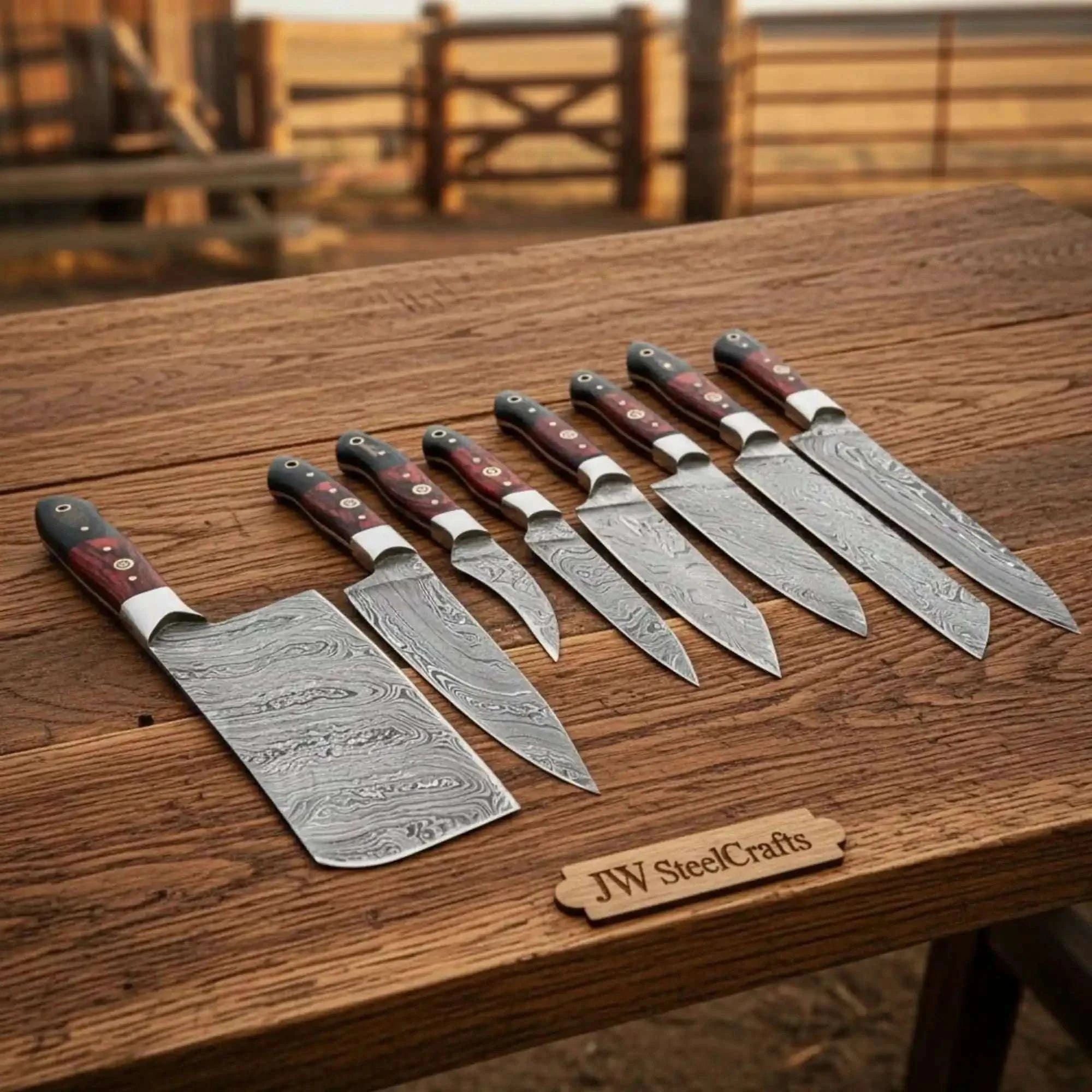 Palmarius Outdoors Handmade Damascus Western Chef Knife Set with Cleaver — 8-Piece Damascus Blades Handmade Chef Knife Sets