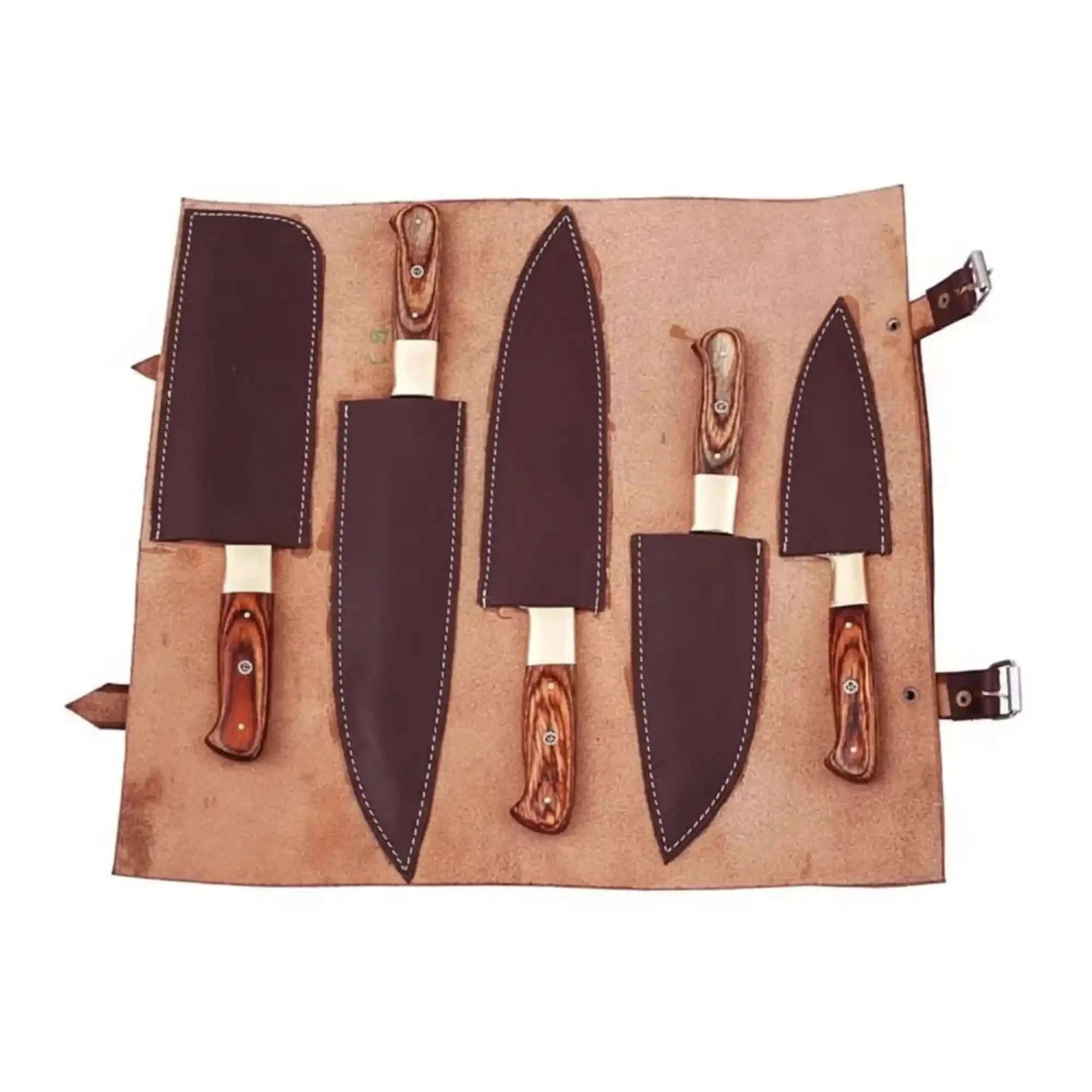 Palmarius Outdoors 5-Piece Forged Damascus Culinary Knife Set with Pakka Wood Handles and Wood Grain Blades Handmade Chef Knife Sets