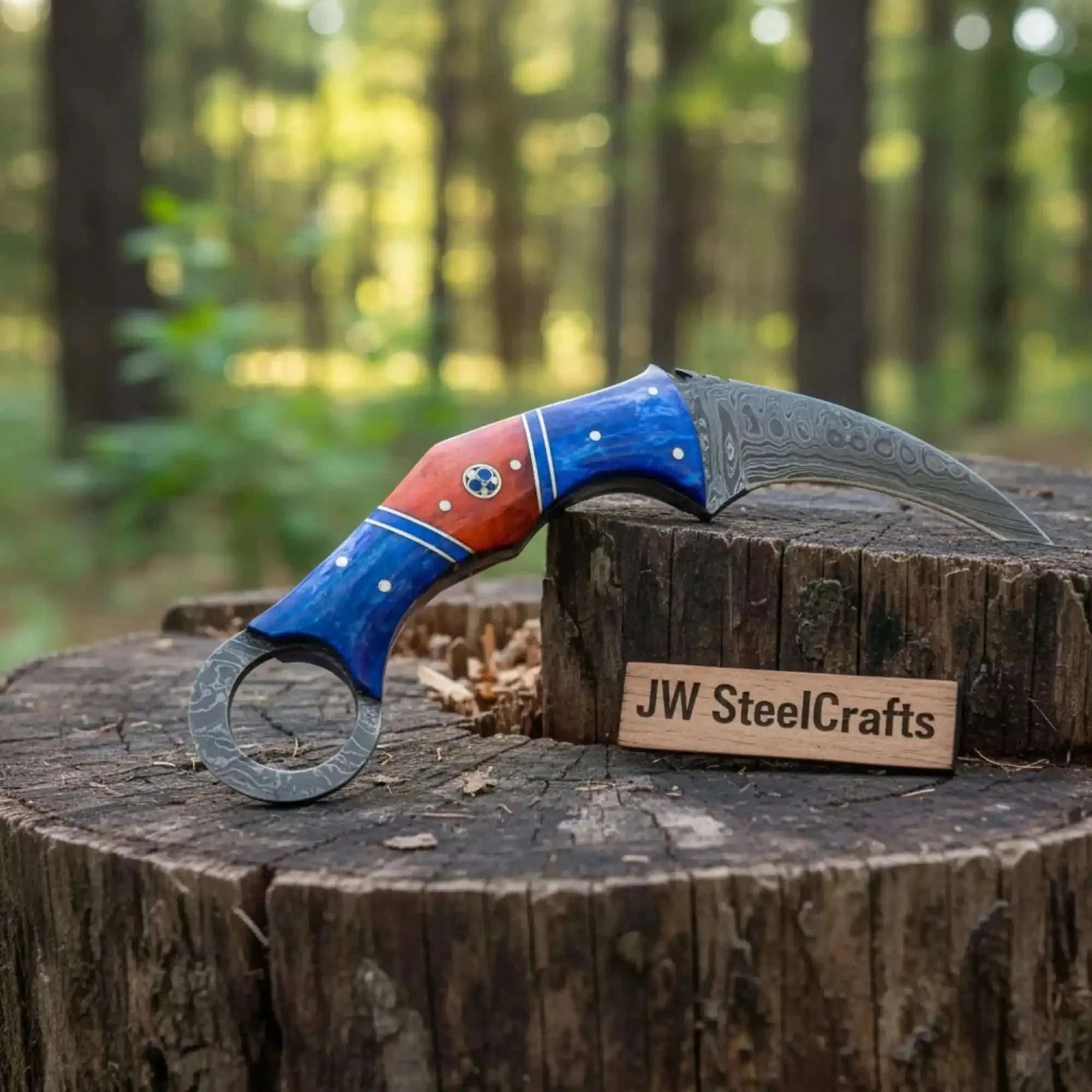 Palmarius Outdoors Damascus Karambit Knife with Blue Wood Handle, Finger Ring, and Sheath Karambit Knife