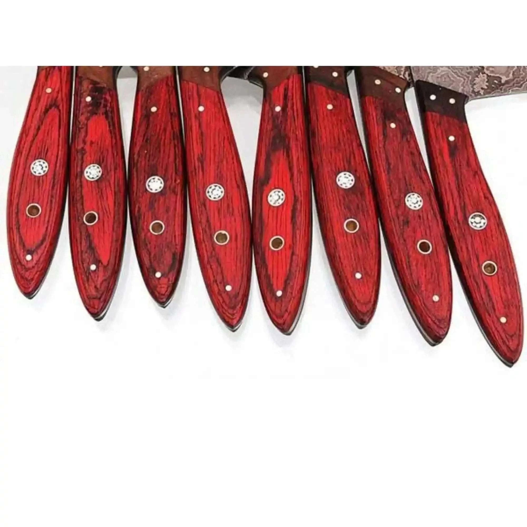 Palmarius Outdoors 8 Piece Damascus Knife Set with Red Pakka Handles and Leather Roll Handmade Chef Knife Sets