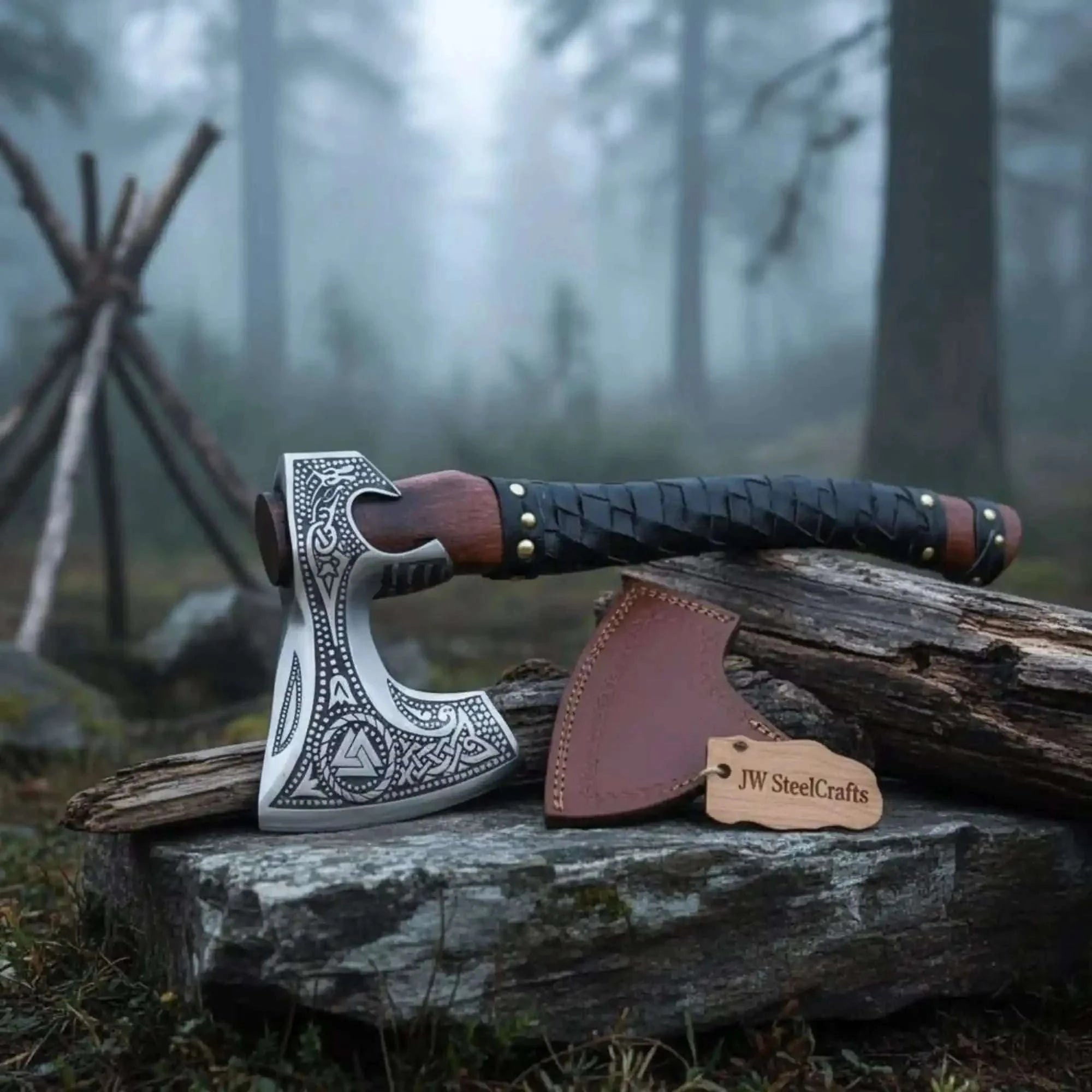 Palmarius Outdoors Norse Engraved Camp Hatchet with Leather Wrapped Handle and Belt Sheath | JW SteelCrafts Handmade Axe