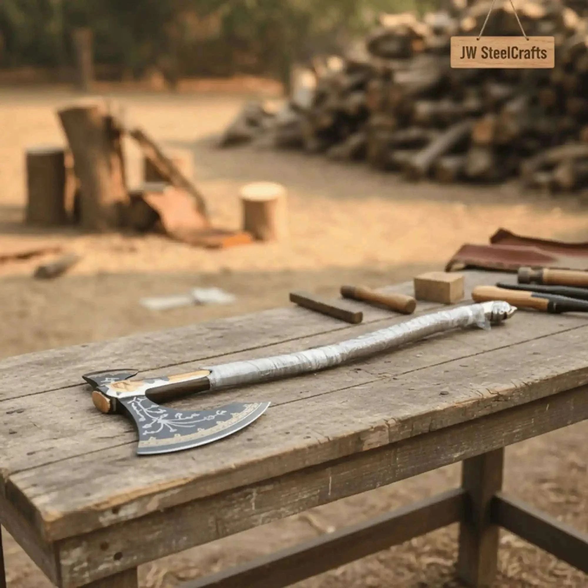 Palmarius Outdoors Hand Forged Viking Fantasy Double-Bit Axe with Norse Engraving, Gold Handle Fittings and Blue Gemstone Inlays Handmade Axe