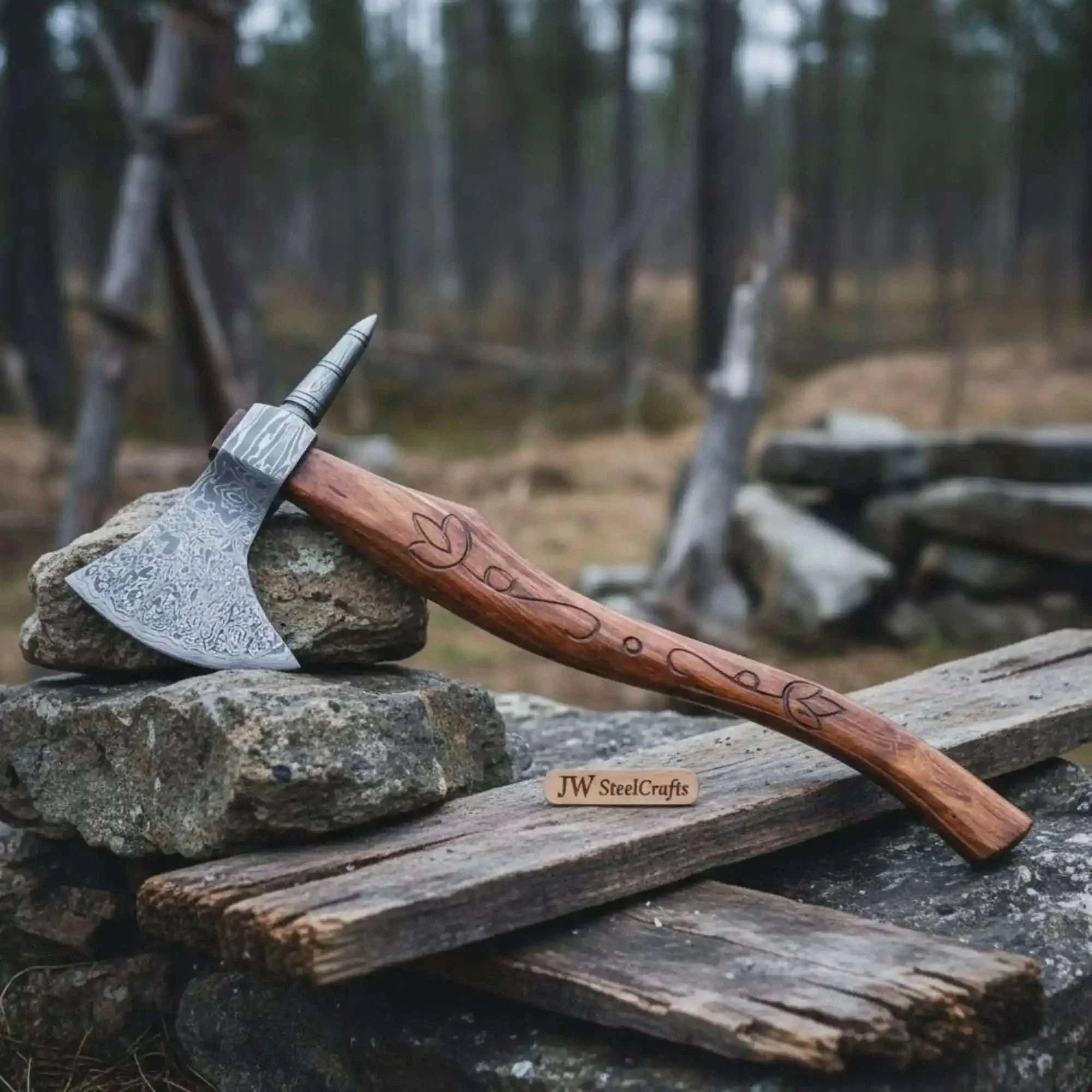 Palmarius Outdoors Varrok Spike Tomahawk axe with Damascus Steel Head Handmade Axe