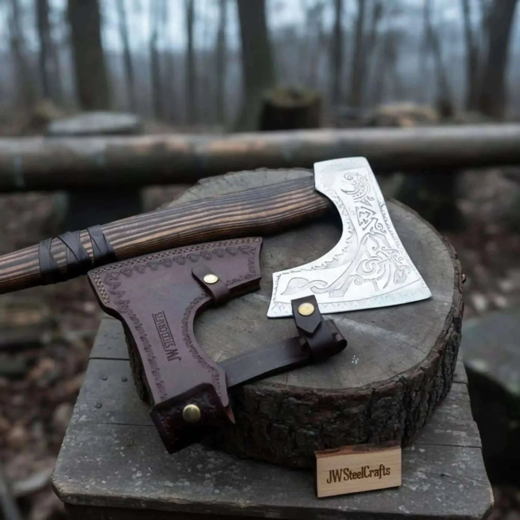 Palmarius Outdoors Engraved Carbon Steel Ragnar Axe with Bearded Head Handmade Axe
