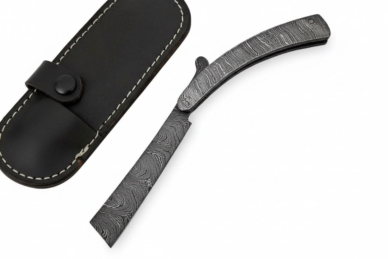 Palmarius Outdoors Handmade Damascus Steel Sweeney Todd Style Straight Razor Barber Folding Razor with Leather Sheath Damascus Straight Razors