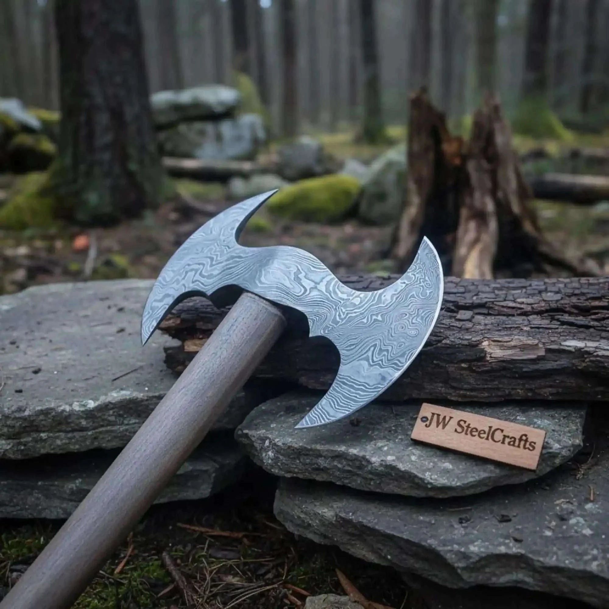 Palmarius Outdoors Custom Hand Forged Damascus Steel Viking Double Bit Throwing Axe with Hardwood Handle and Leather Sheath | JW SteelCrafts Handmade Axe