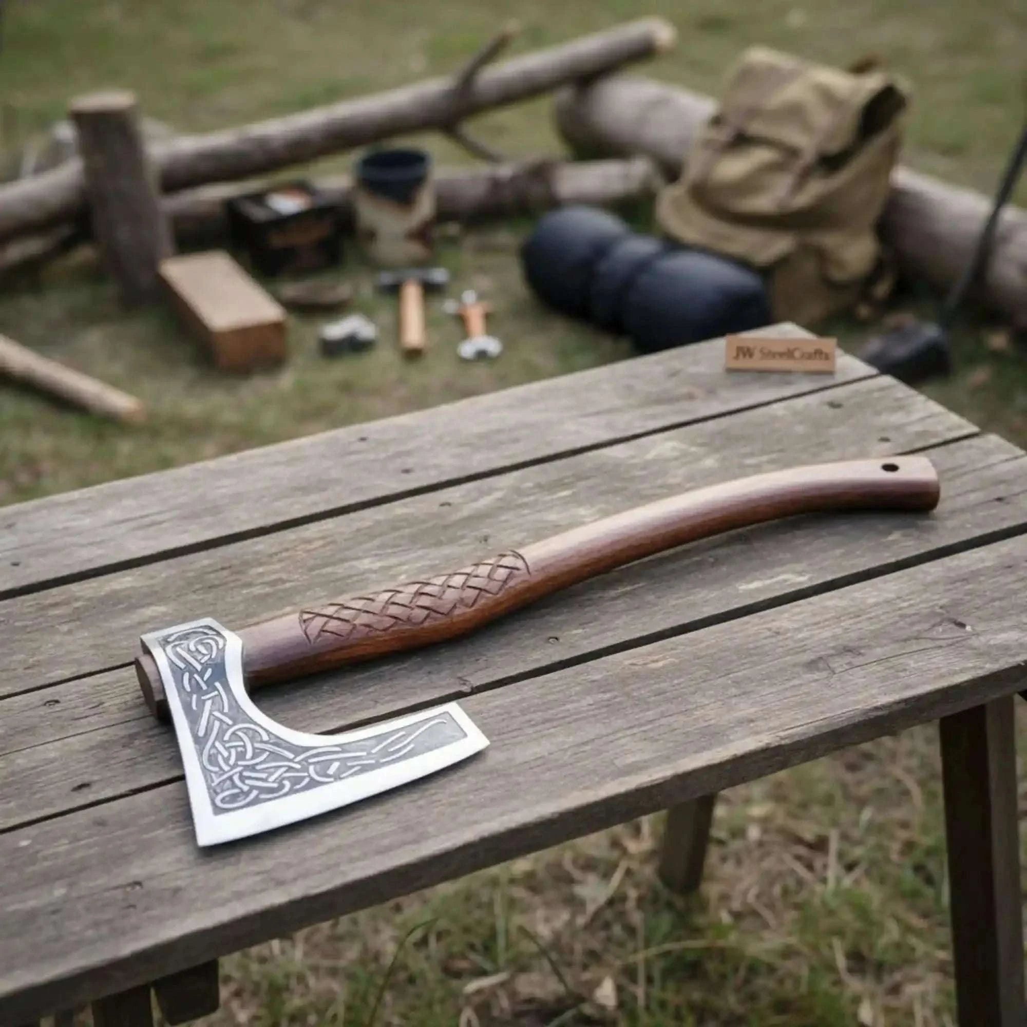 Palmarius Outdoors Hand-Forged Viking Bearded Camp Axe with Engraved Head and Leather Wrapped Handle Handmade Axe