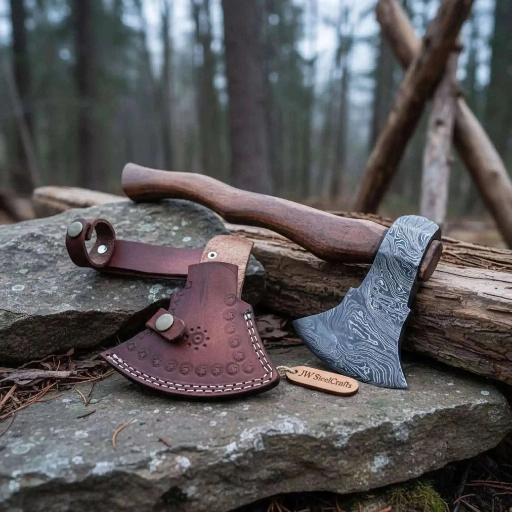 Palmarius Outdoors Damascus Steel Bearded Bushcraft Axe for Camping and Woodcraft Handmade Axe