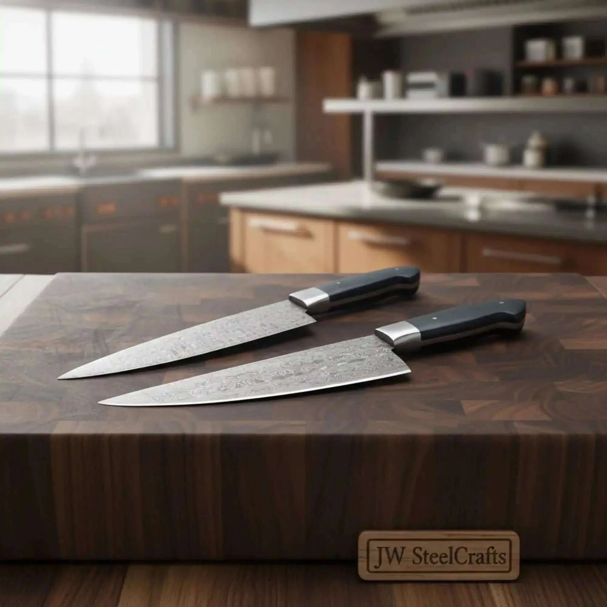 Palmarius Outdoors 2-Piece Hand-Forged Chef Knife with Pattern-Welded Damascus with Black Micarta Handles (Professional Set) Damascus Steel Chef Knives