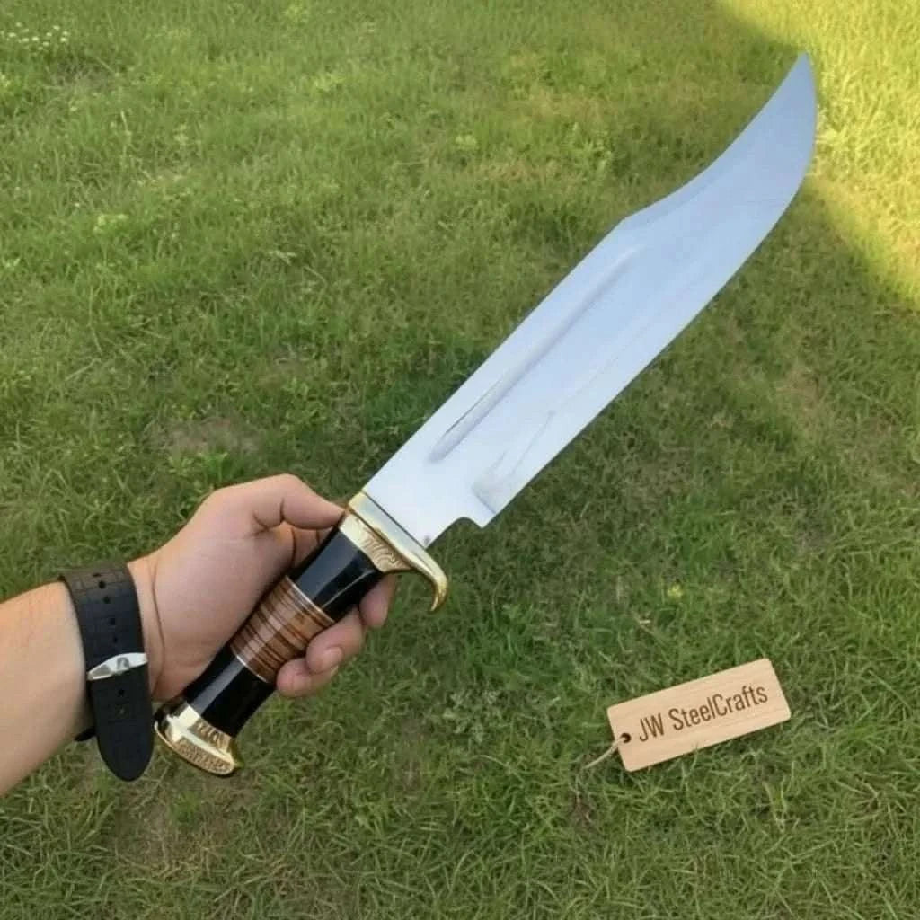 Palmarius Outdoors Dundee Clip Point Bowie Knife – Handmade 17 Inch Frontier Blade, Damascus or High Polish Steel | JW SteelCrafts Dundee Bowie Knives