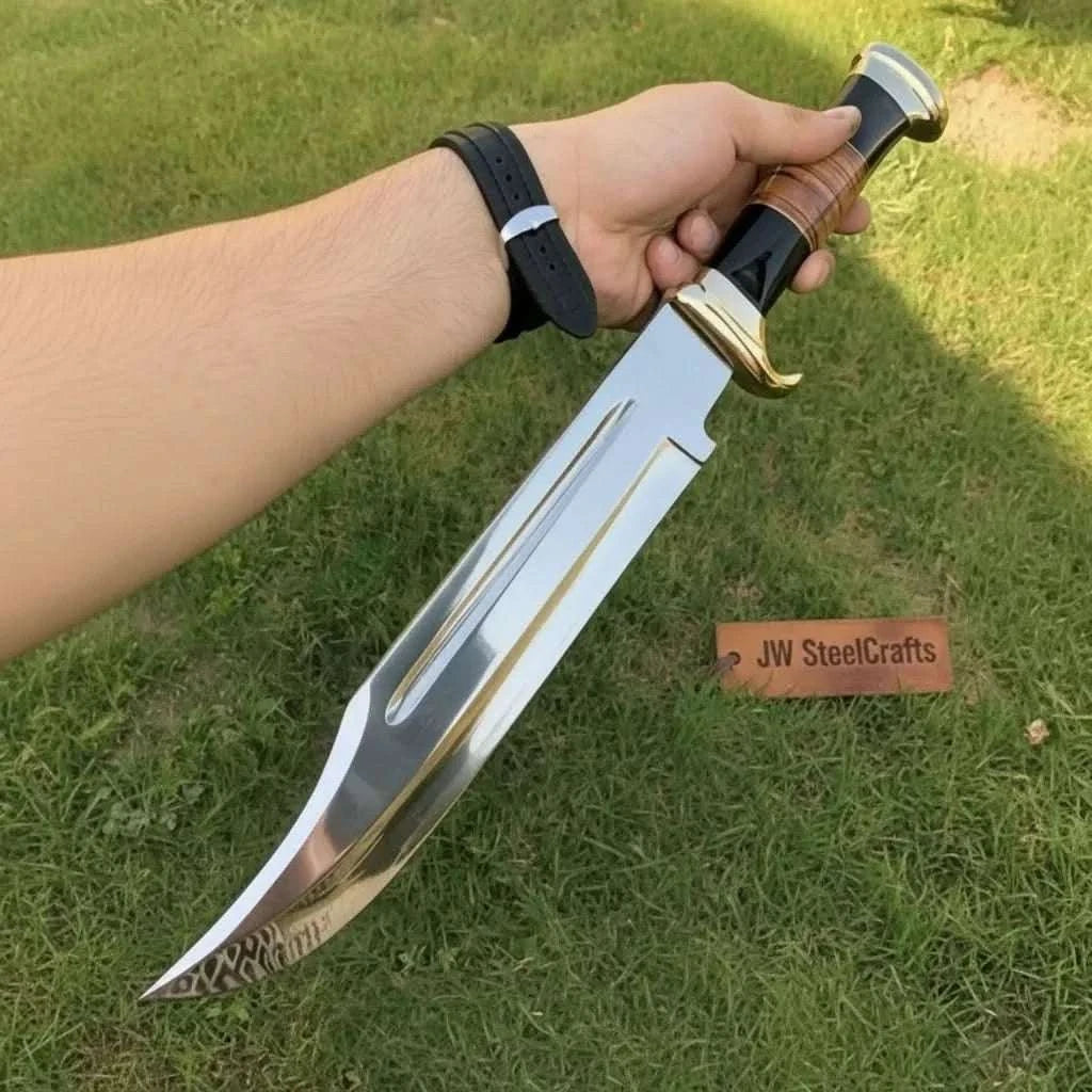 Palmarius Outdoors Dundee Clip Point Bowie Knife – Handmade 17 Inch Frontier Blade, Damascus or High Polish Steel | JW SteelCrafts Dundee Bowie Knives