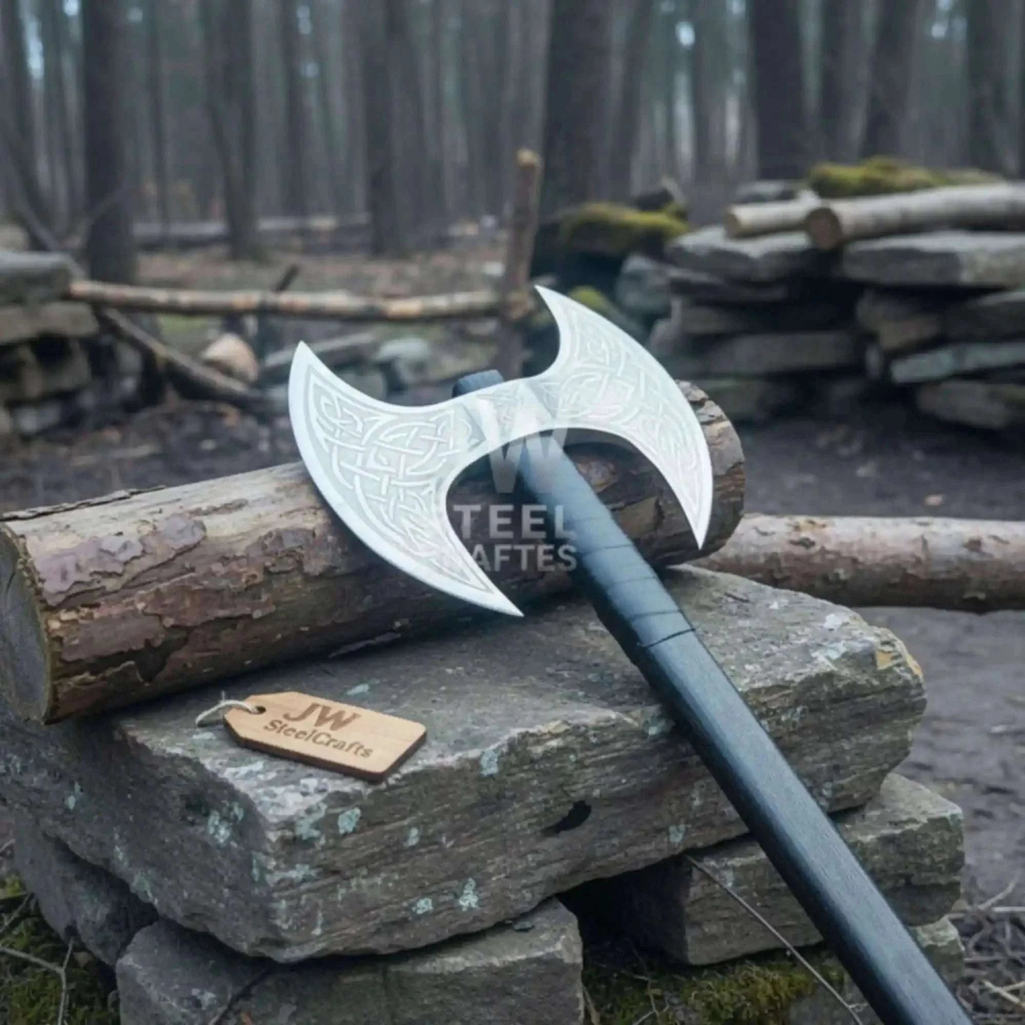 Palmarius Outdoors Custom Handmade Double-Headed Viking Axe with Nordic Knotwork Engravings and Cord-Wrapped Handle Handmade Axe