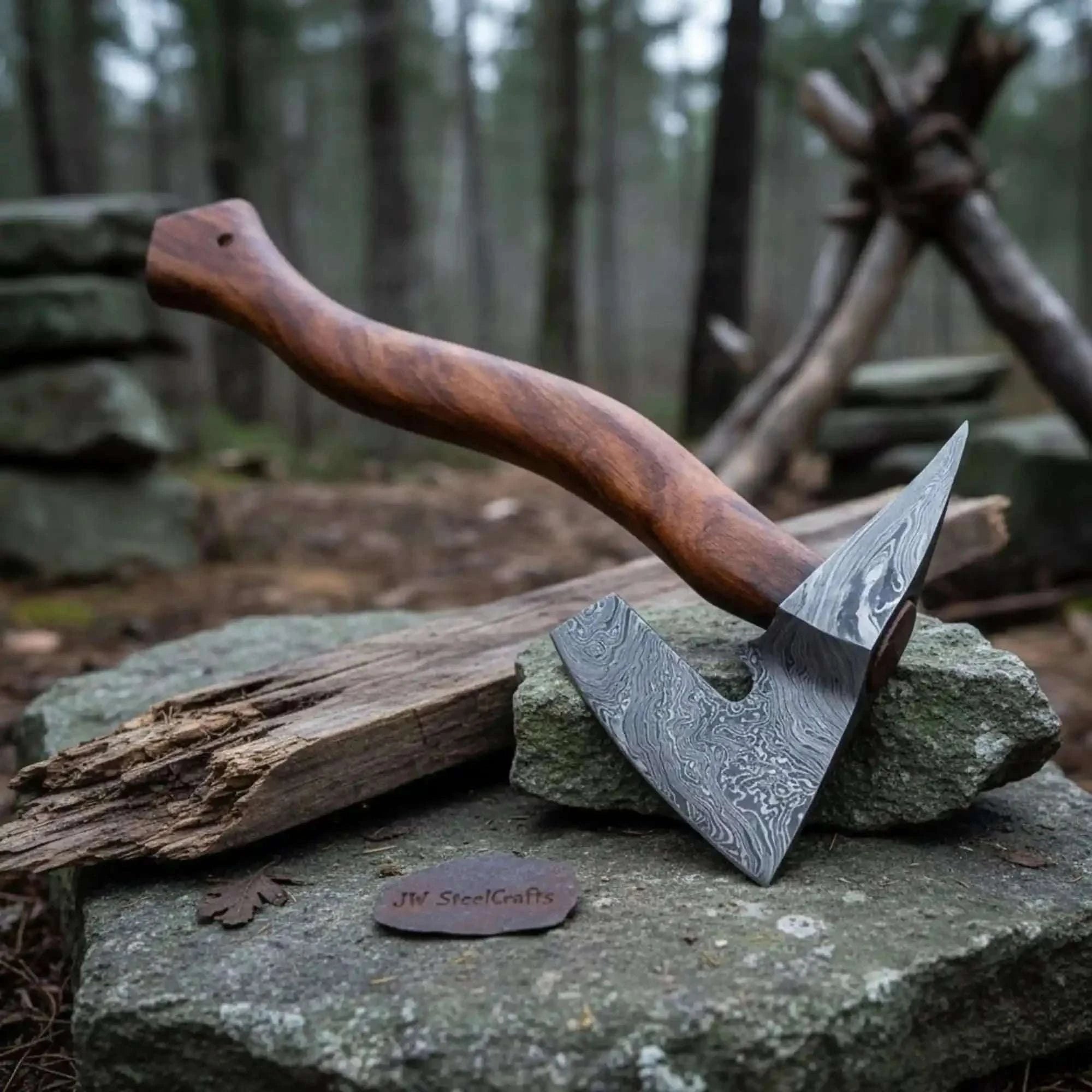Palmarius Outdoors Arrowfen Bearded Spike Axe with Wood Grain Damascus Steel Head Handmade Axe
