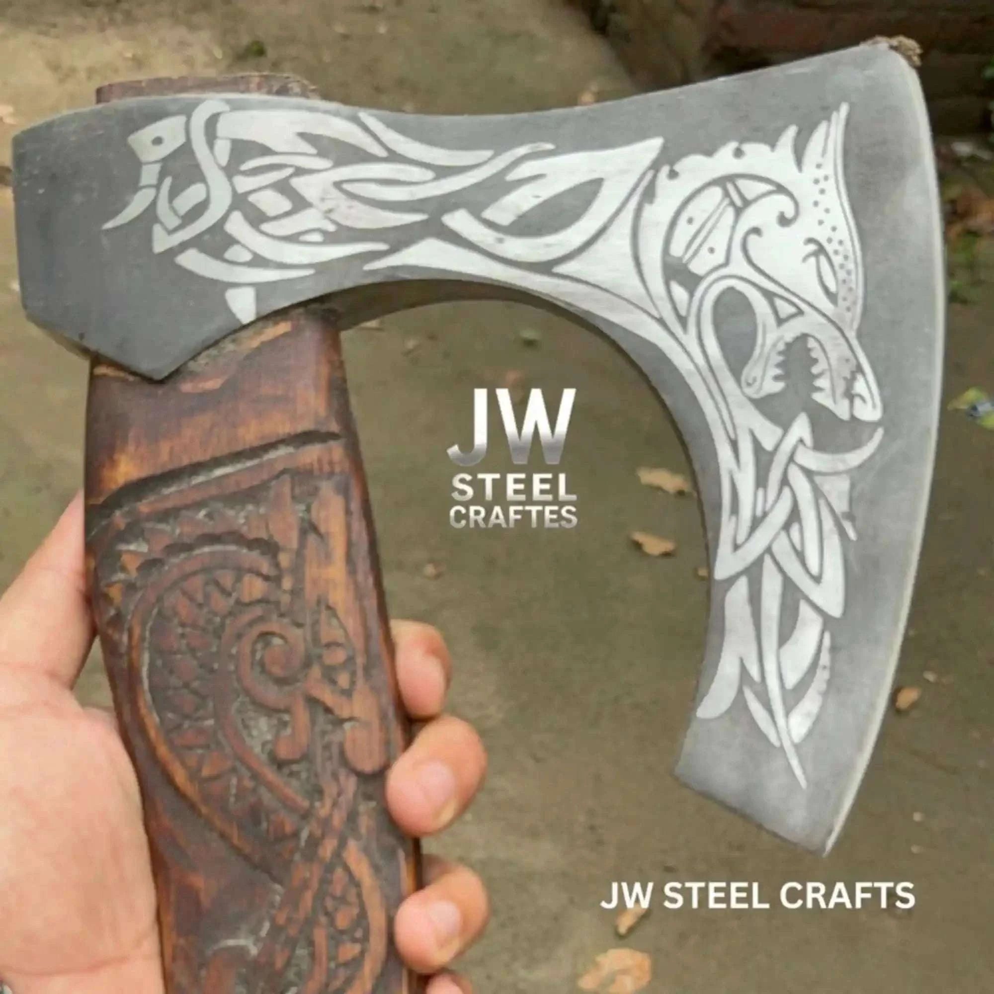 Palmarius Outdoors Hand-Engraved Viking Bearded Axe with Carved Hardwood Handle – Damascus Steel Blade | JW SteelCrafts Handmade Axe