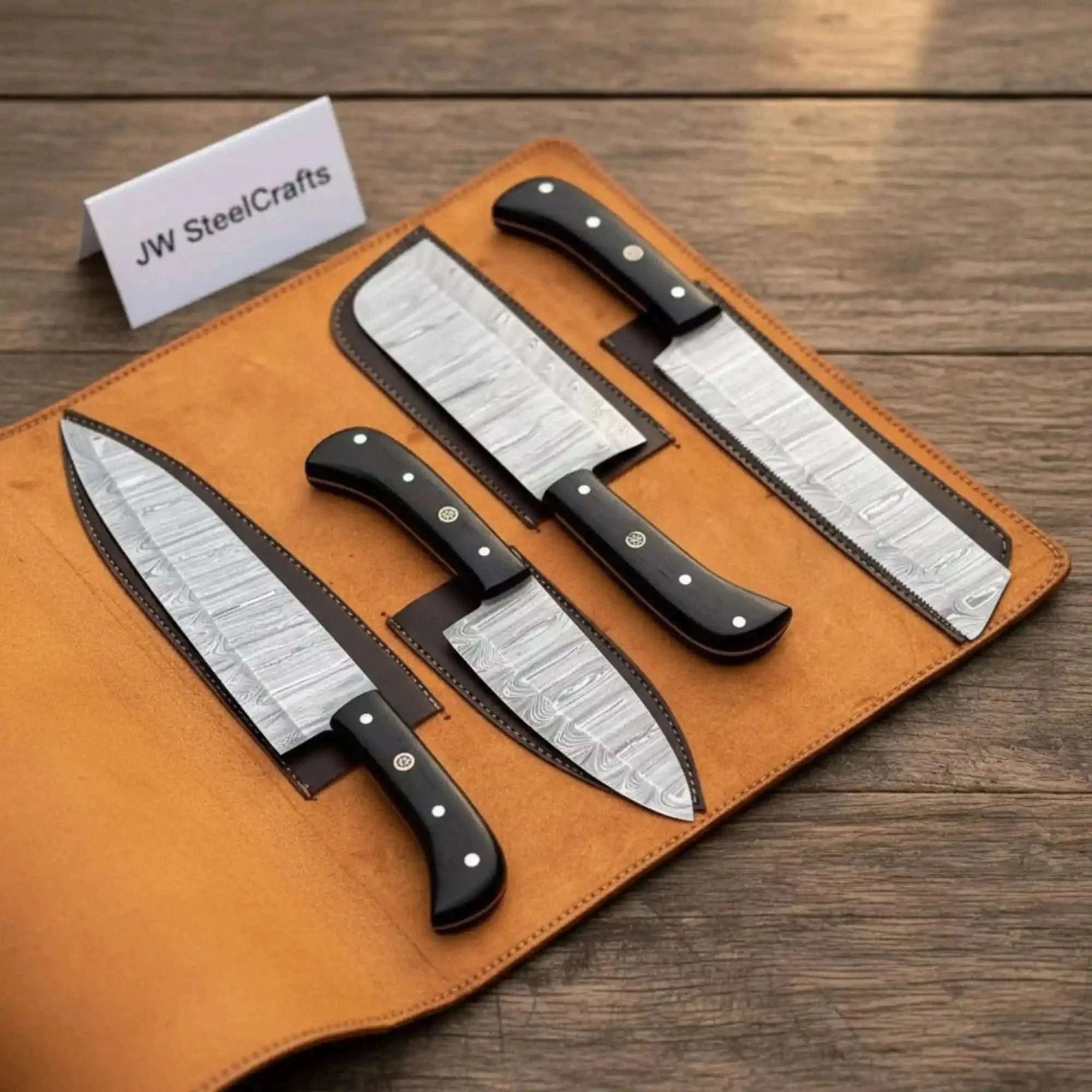 Palmarius Outdoors 4-Piece Damascus Steel Kitchen Knife Set — Chef, Santoku, Cleaver & Utility Handmade Chef Knife Sets