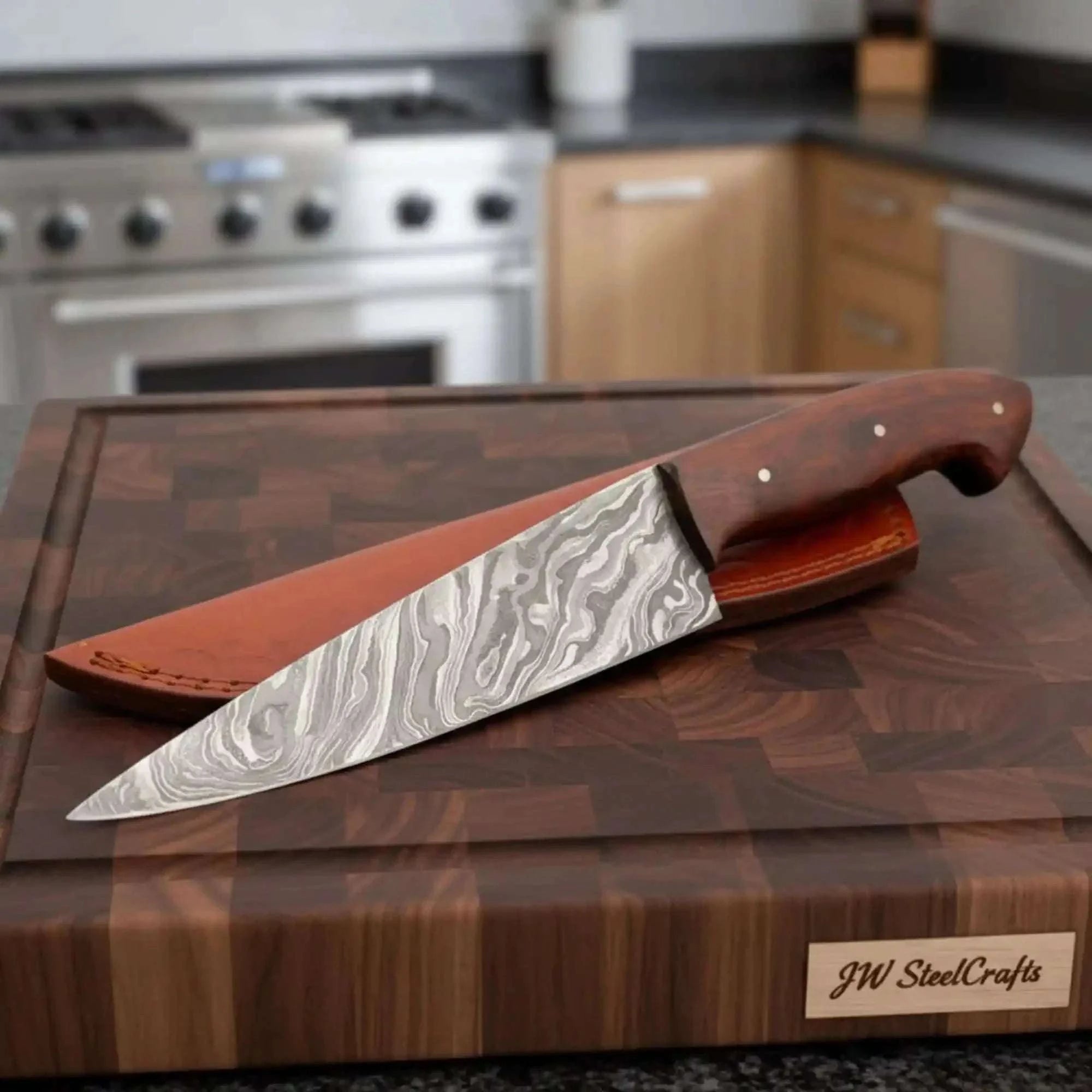 Palmarius Outdoors Damascus Chef Knife Set — 10" Chef Knife & 9" Utility Knife with Rosewood Handles and Leather Sheaths Damascus Steel Chef Knives