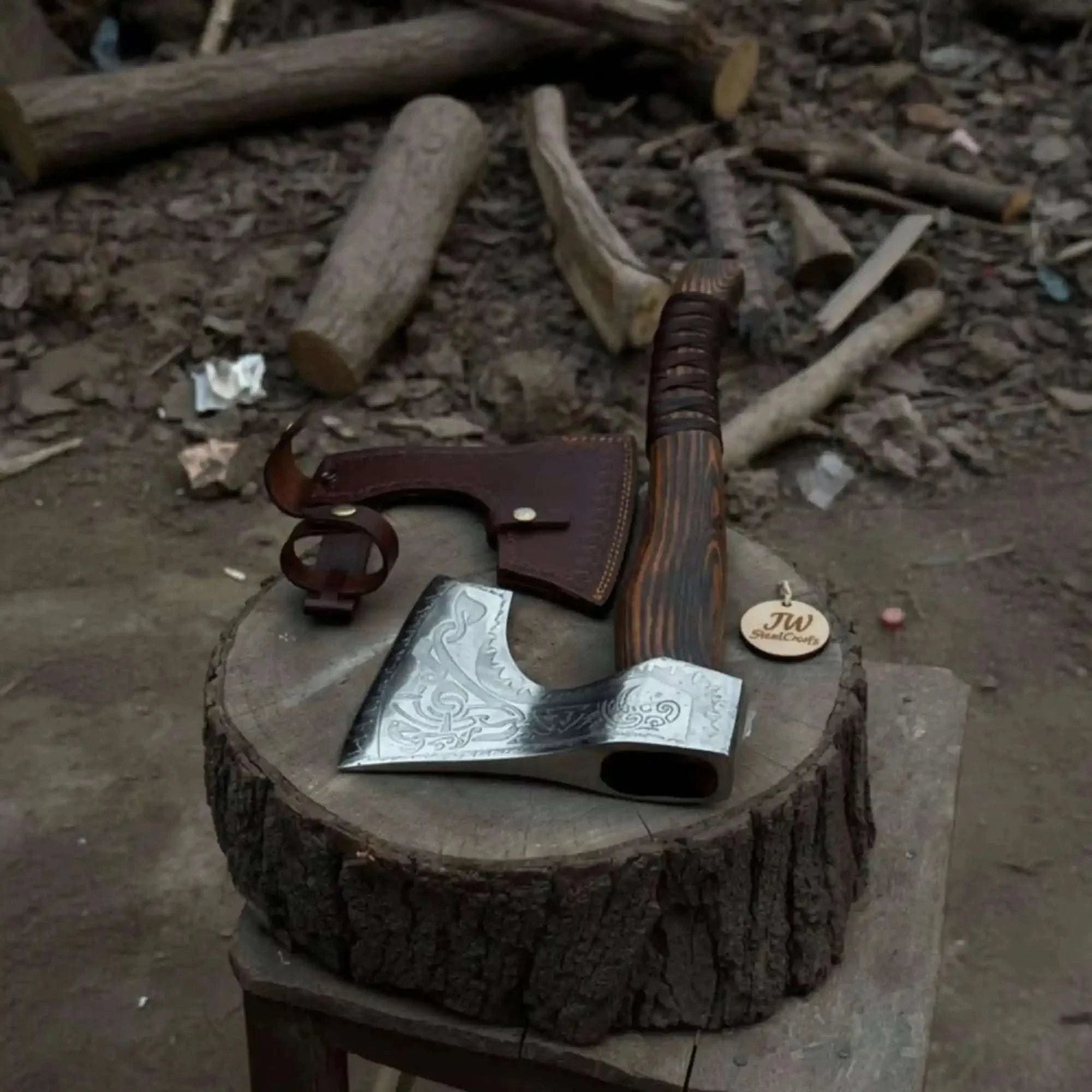 Palmarius Outdoors Engraved Carbon Steel Ragnar Axe with Bearded Head Handmade Axe