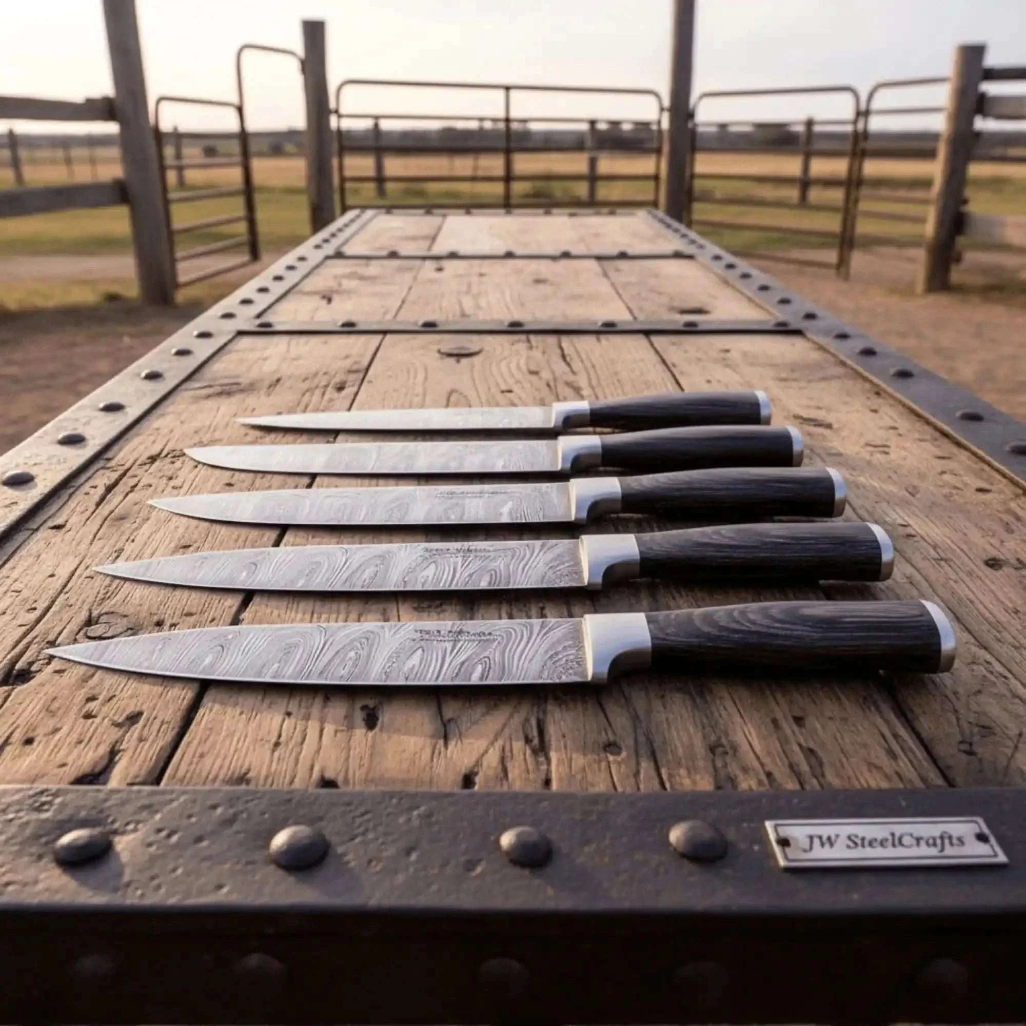 Palmarius Outdoors 6-Piece Ladder Pattern Damascus Knife Set with Black Wood Handles and Steel Bolsters Handmade Chef Knife Sets