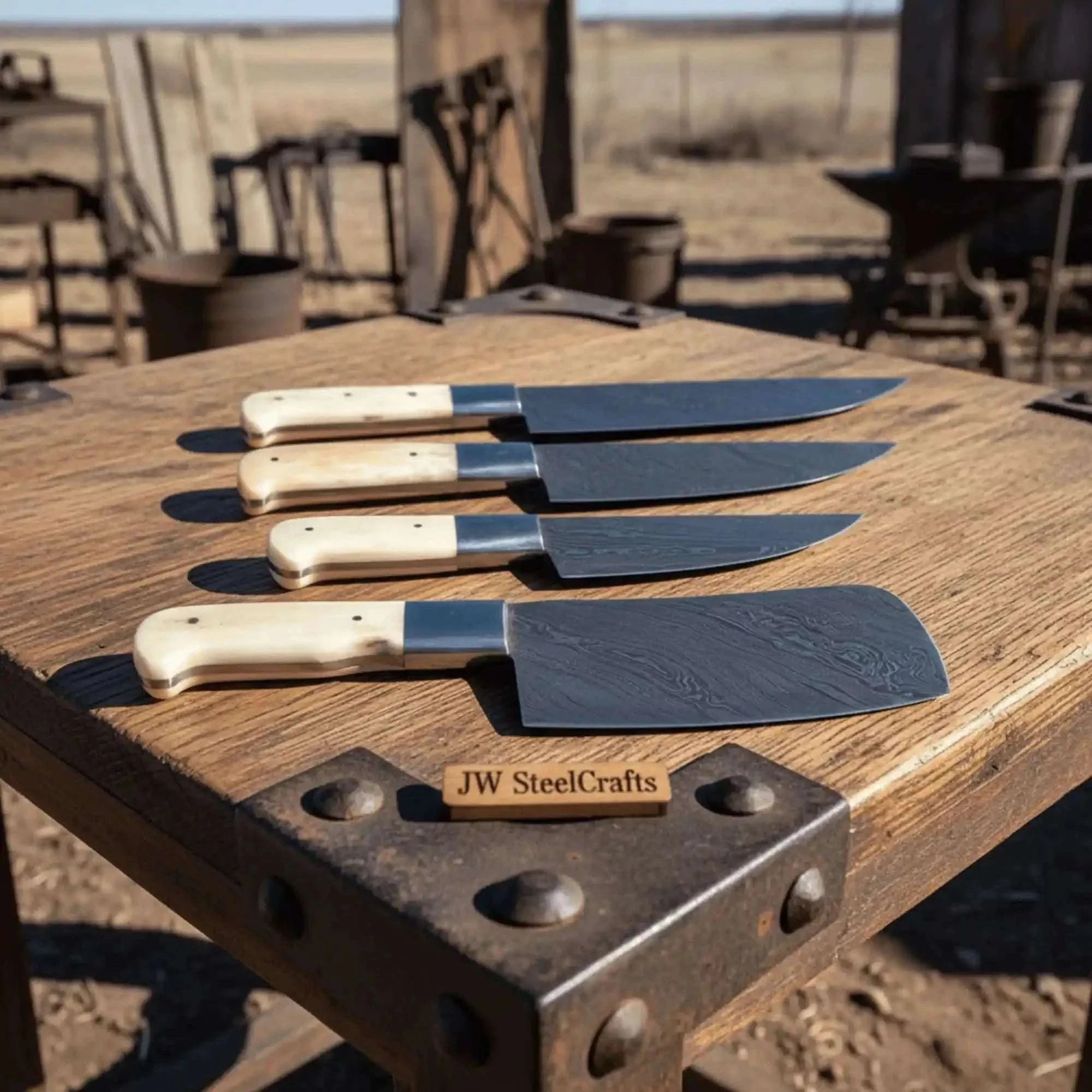 Palmarius Outdoors 4-Piece Damascus chef Knife Set with White Camel Bone Handles Handmade Chef Knife Sets