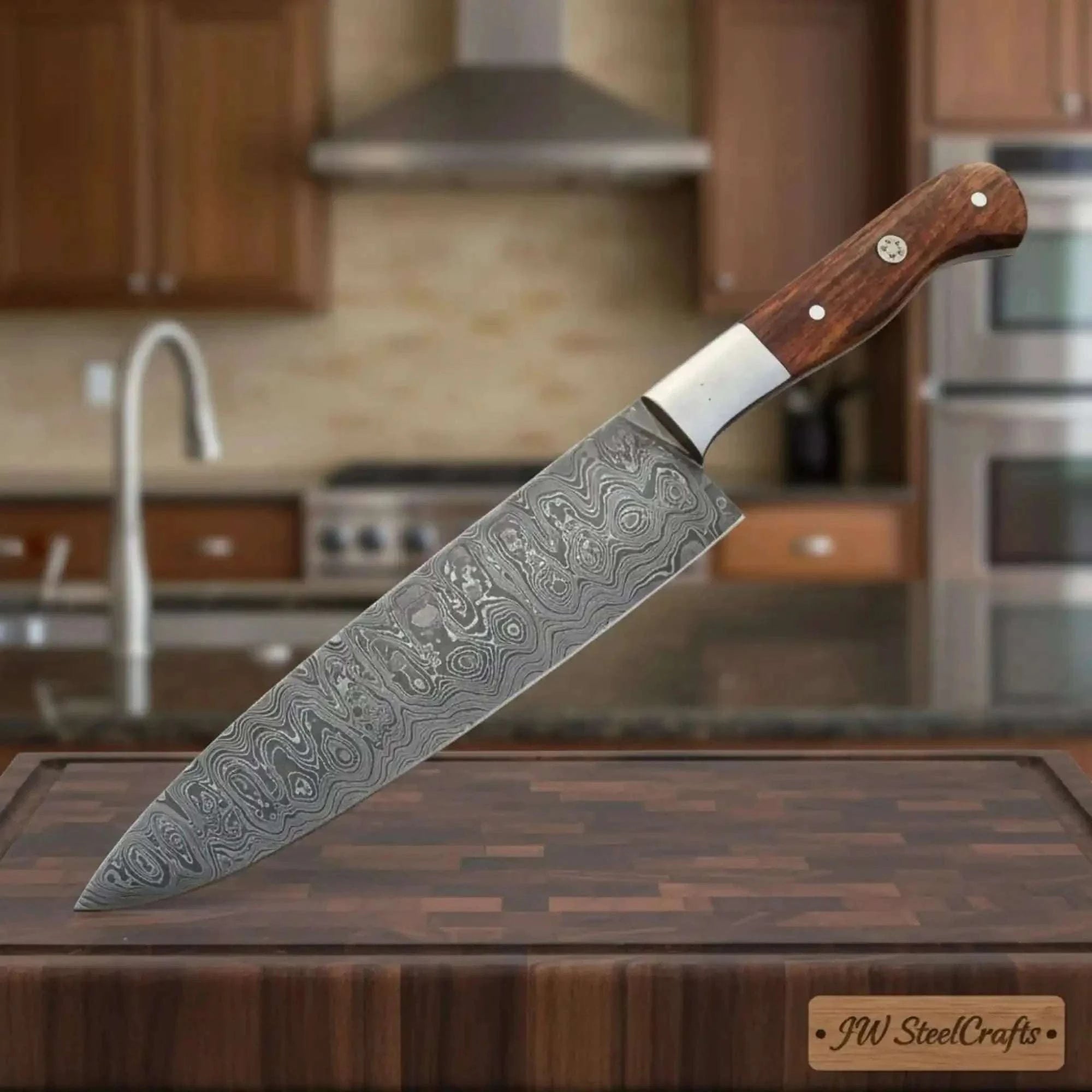 Palmarius Outdoors Hammer-Forged 8” Ladder Pattern Damascus Kiritsuke Knife – Rosewood Handle, Steel Bolster, Mosaic Pin Damascus Steel Chef Knives