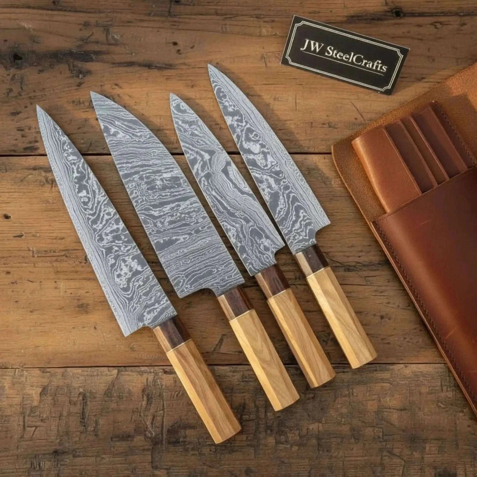Palmarius Outdoors 4-Piece Damascus Outdoor Camp Chef Knife Set with Wood Grain Damascus Blades and Olive Wood and Rosewood Handles Handmade Chef Knife Sets