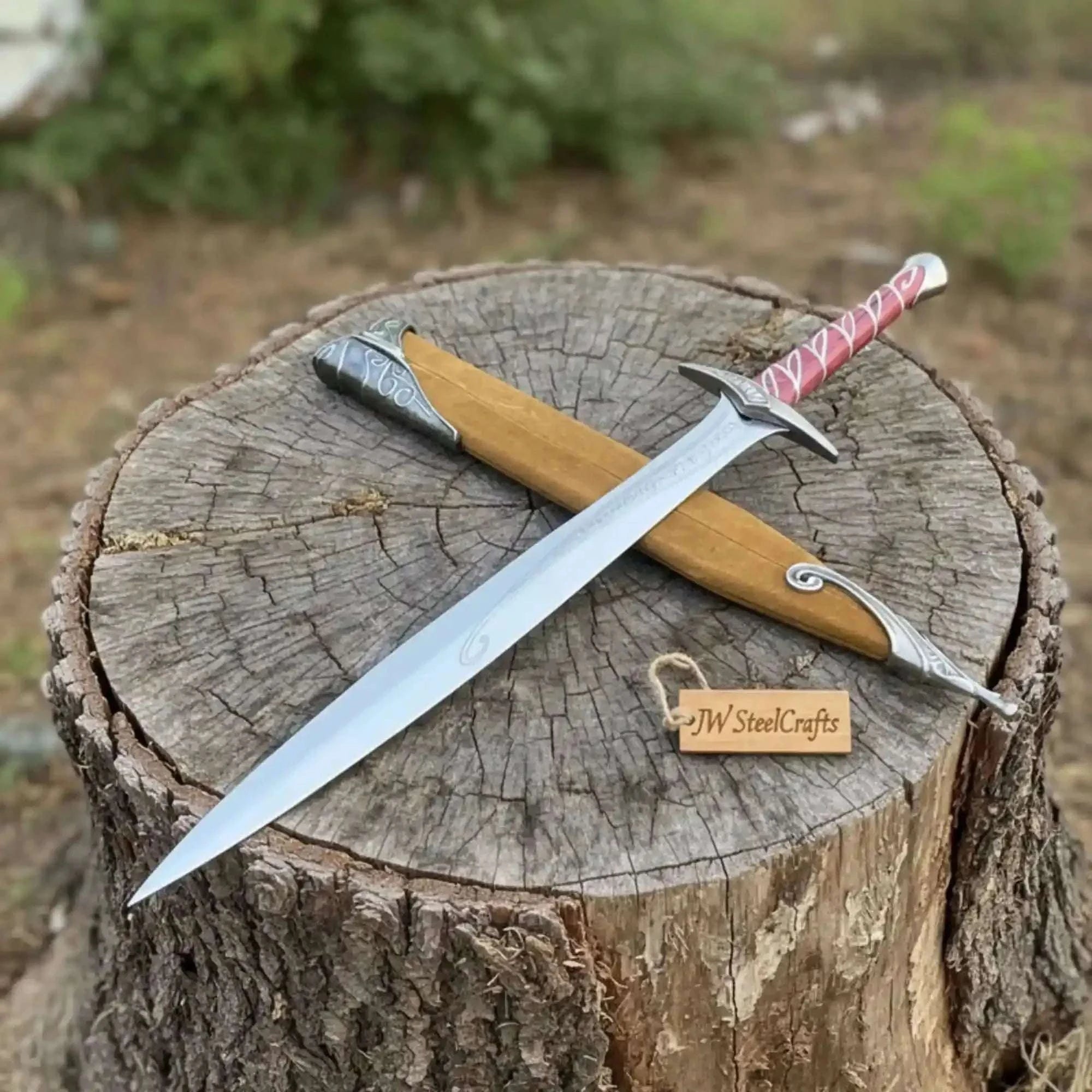 Palmarius Outdoors Handmade Elven inspired short sword replica with Reddish Wood Grip and Wooden Sheath Sword