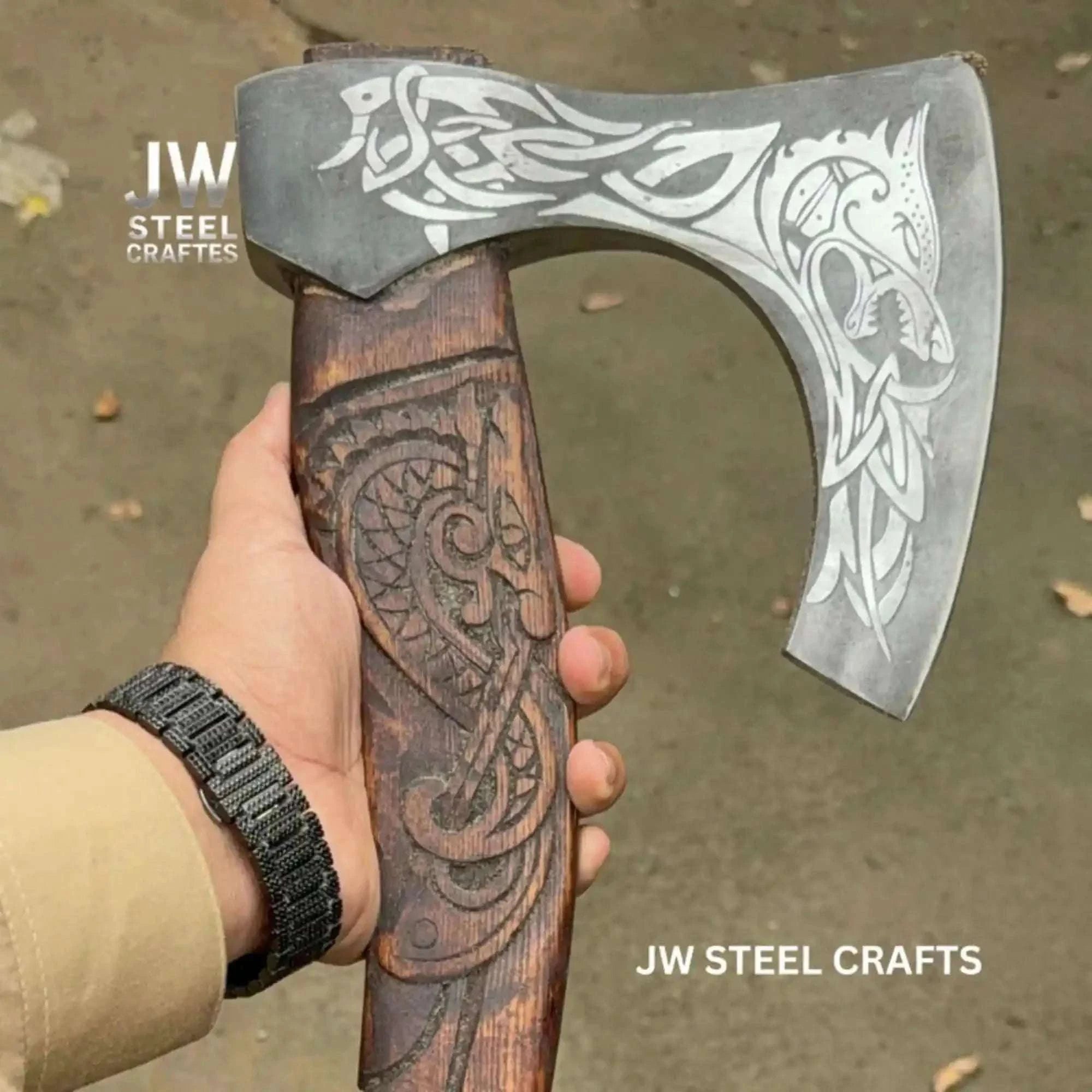 Palmarius Outdoors Hand-Engraved Viking Bearded Axe with Carved Hardwood Handle – Damascus Steel Blade | JW SteelCrafts Handmade Axe