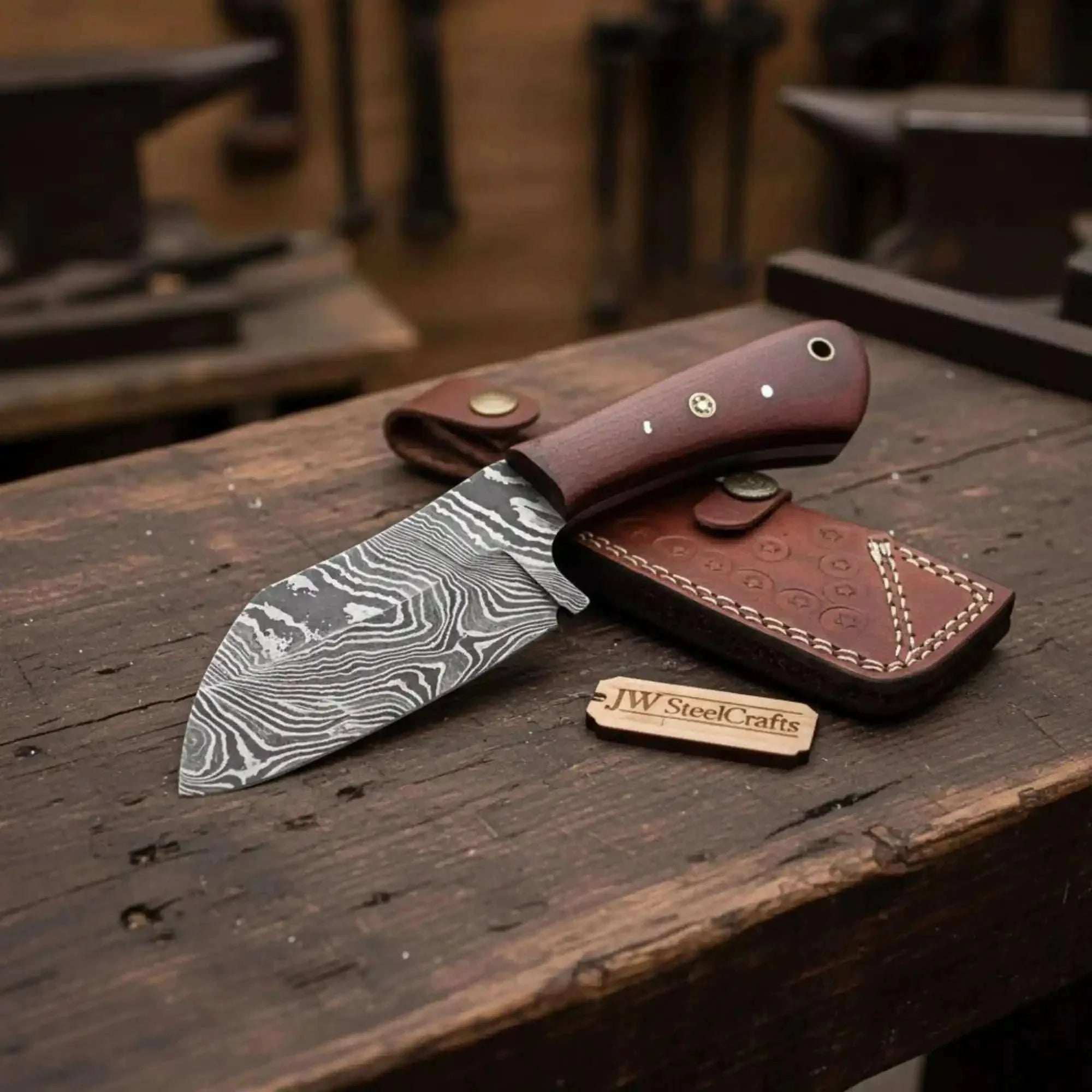Palmarius Outdoors 7-Inch Forged Damascus Skinner Knife — Red Micarta Handle, Full Tang & Leather Sheath | JW Steel Crafts Skinner Knife