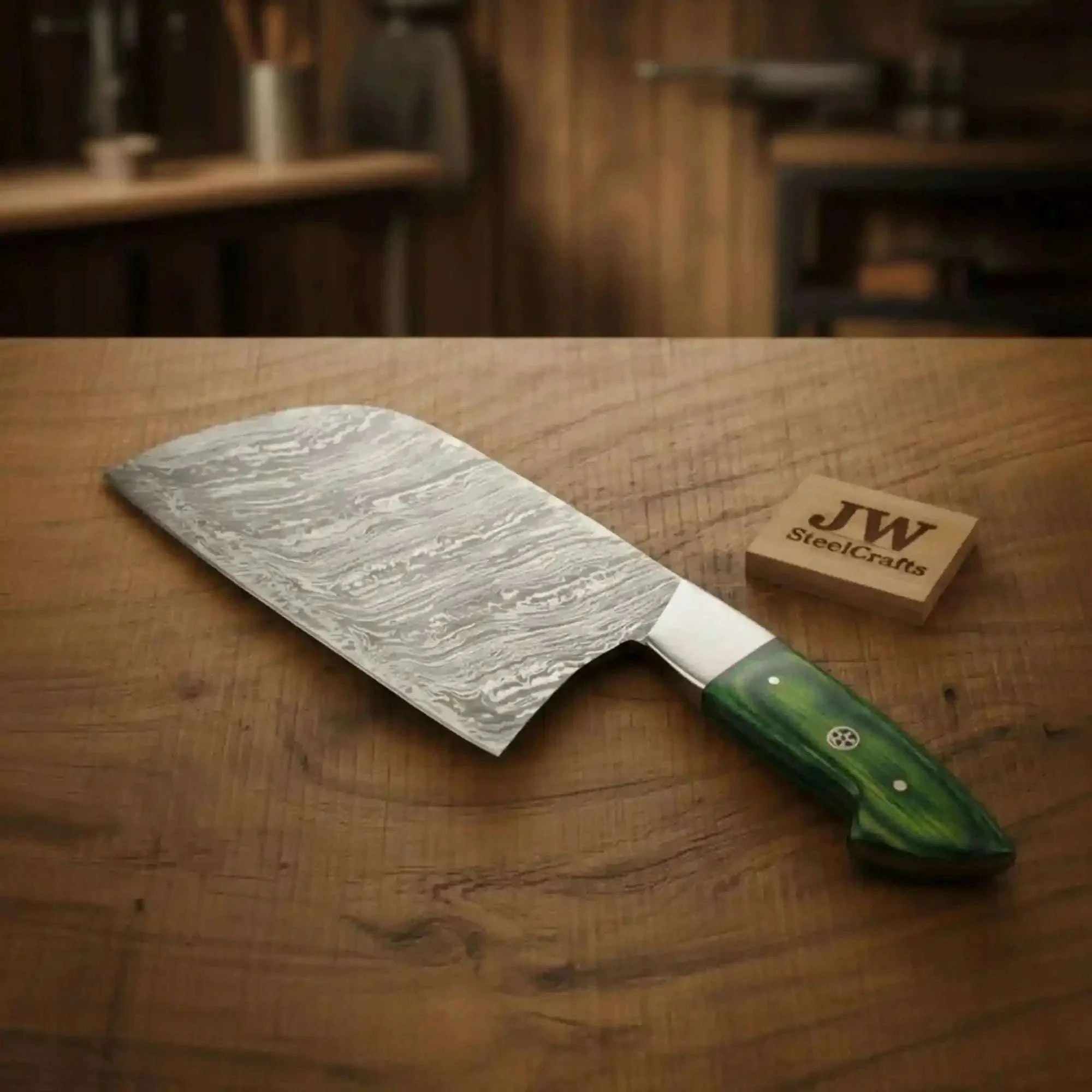Palmarius Outdoors 8-Inch Forged Damascus Meat Cleaver — Green Pakka Wood Handle, Steel Bolster & Mosaic Pin | JW Steel Crafts Cleaver Knives