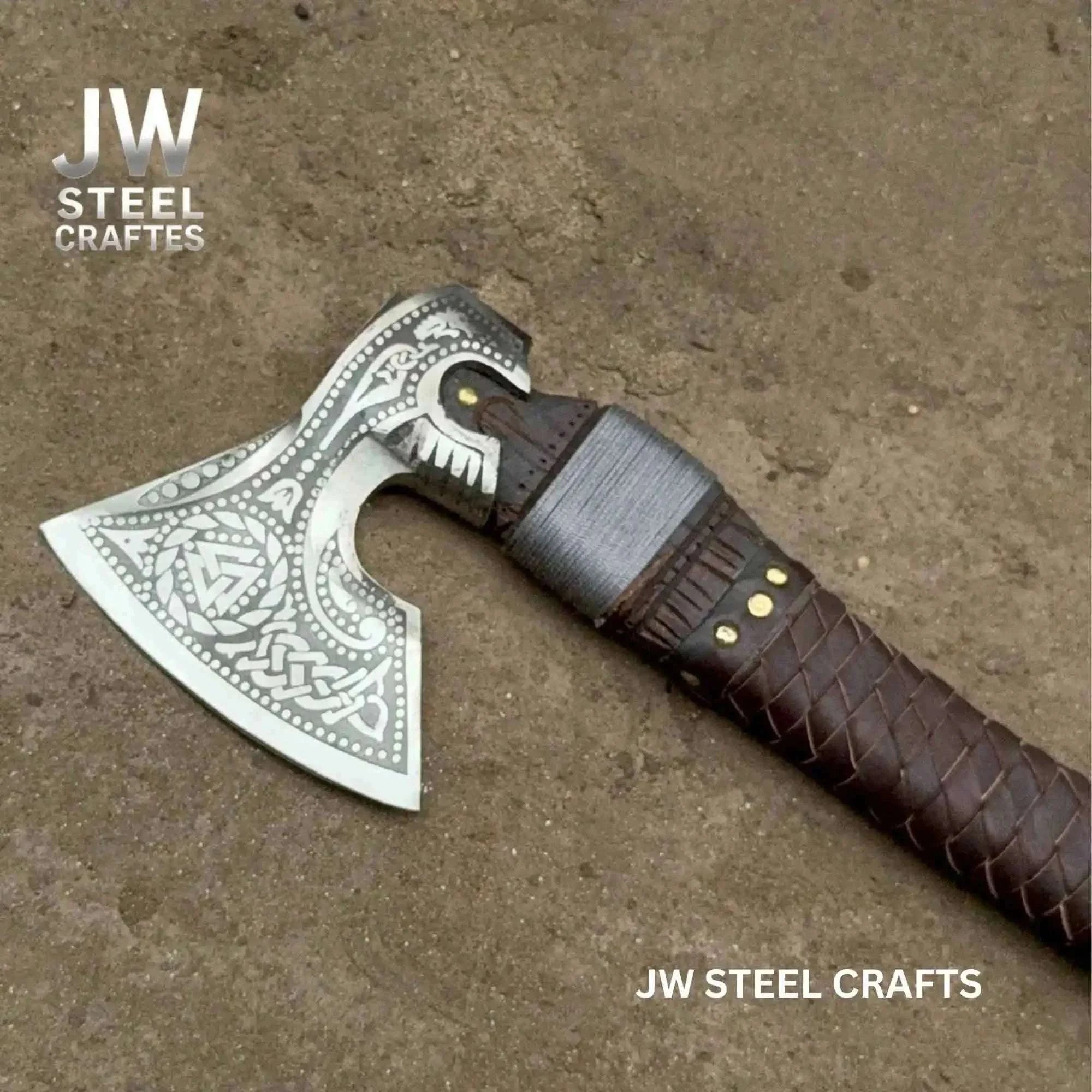 Palmarius Outdoors Engraved Norse Valknut Hatchet with Braided Leather Handle Handmade Axe