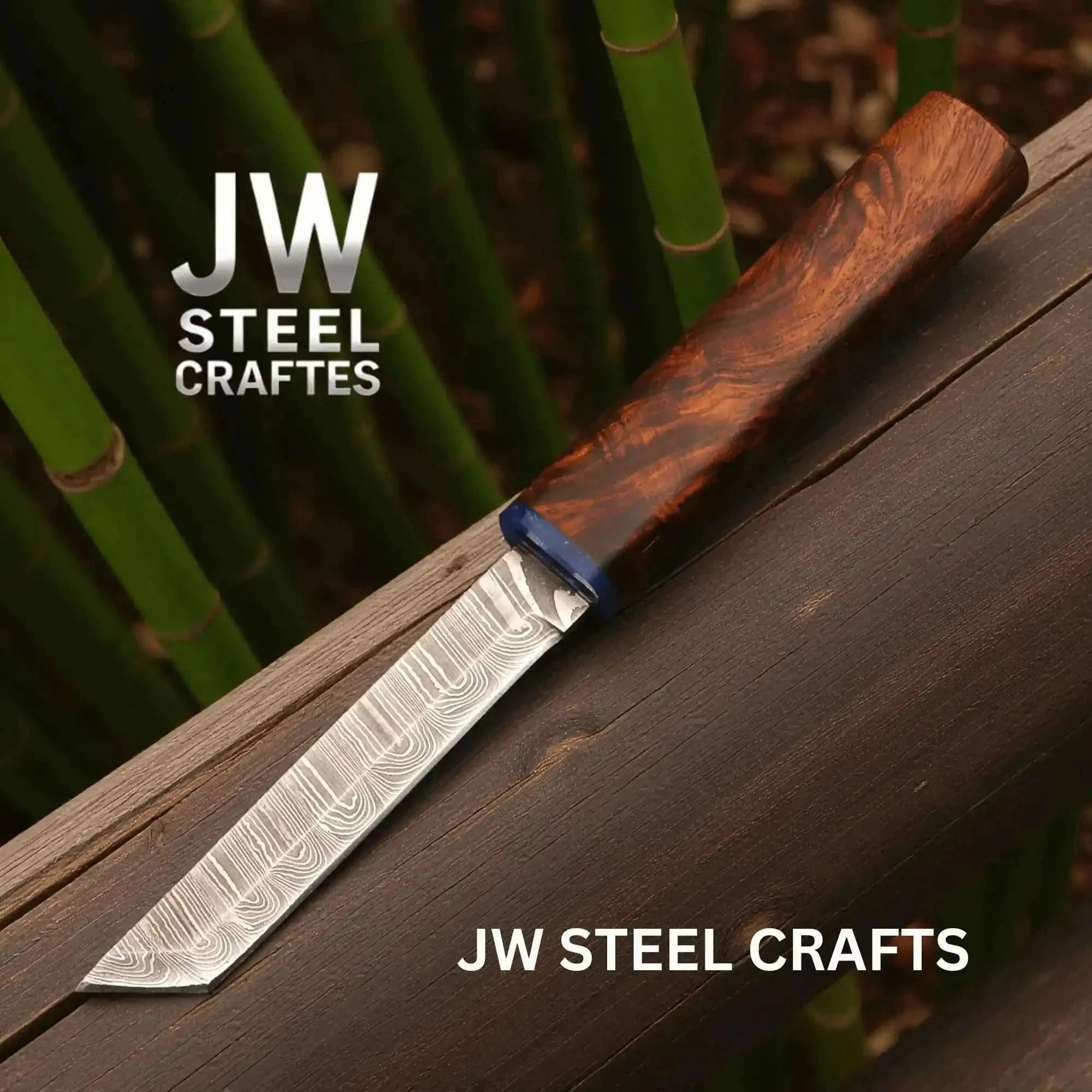 Palmarius Outdoors Damascus Utility Knife — 5-Inch Blade, Natural Rosewood Handle, Blue Epoxy Resin Spacer and Interlocking Wood Scabbard Skinner Knife