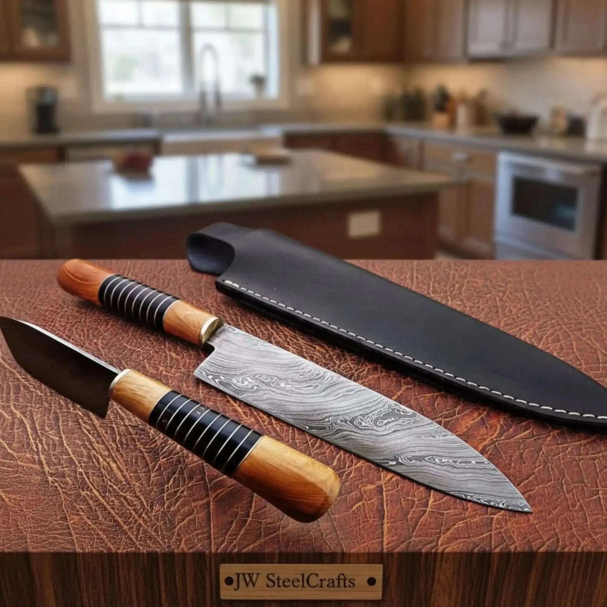 Palmarius Outdoors 14" Damascus Chef Knife — 9" Blade, Olive Wood Handle with Black Resin Spacers & Leather Sheath Damascus Steel Chef Knives
