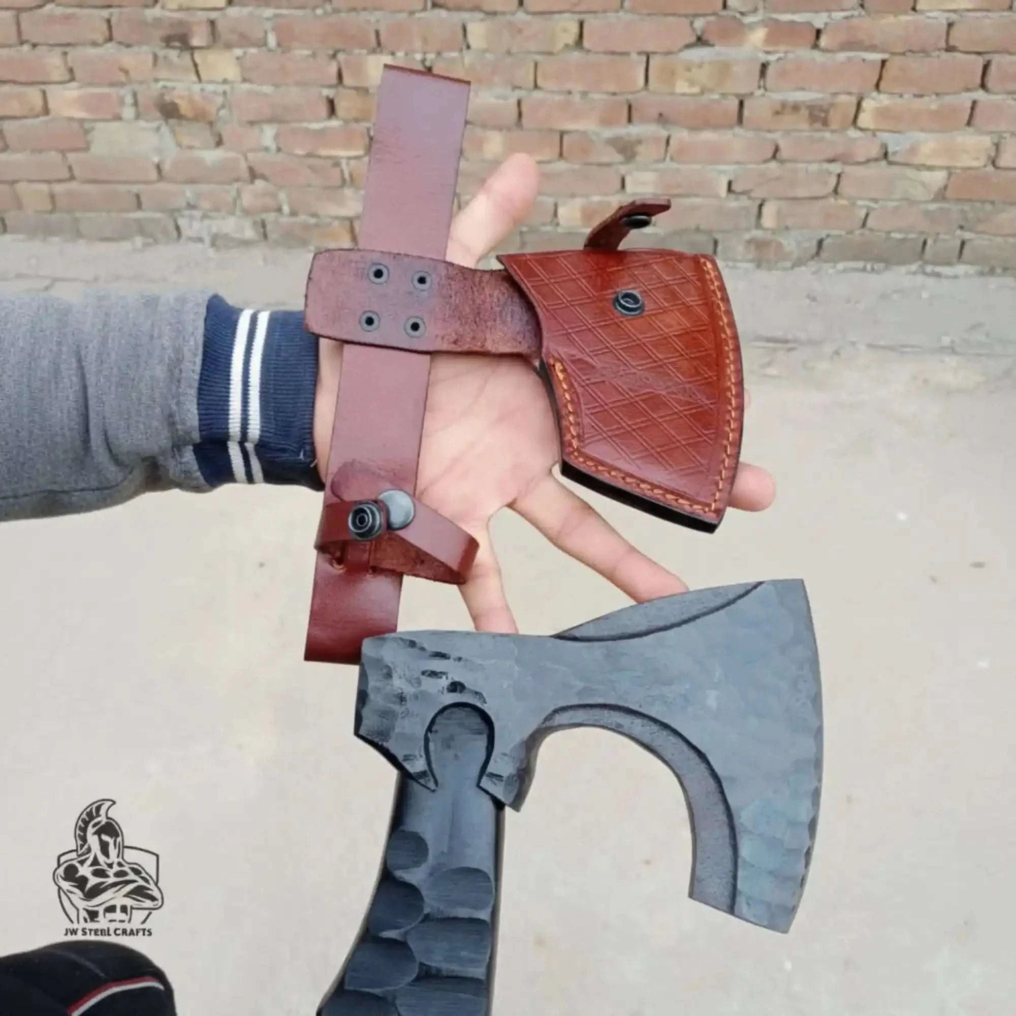 Palmarius Outdoors Forged Tool Axe Duo – Textured Steel Heads with Sculpted Hardwood Handles and Leather Sheaths Handmade Axe