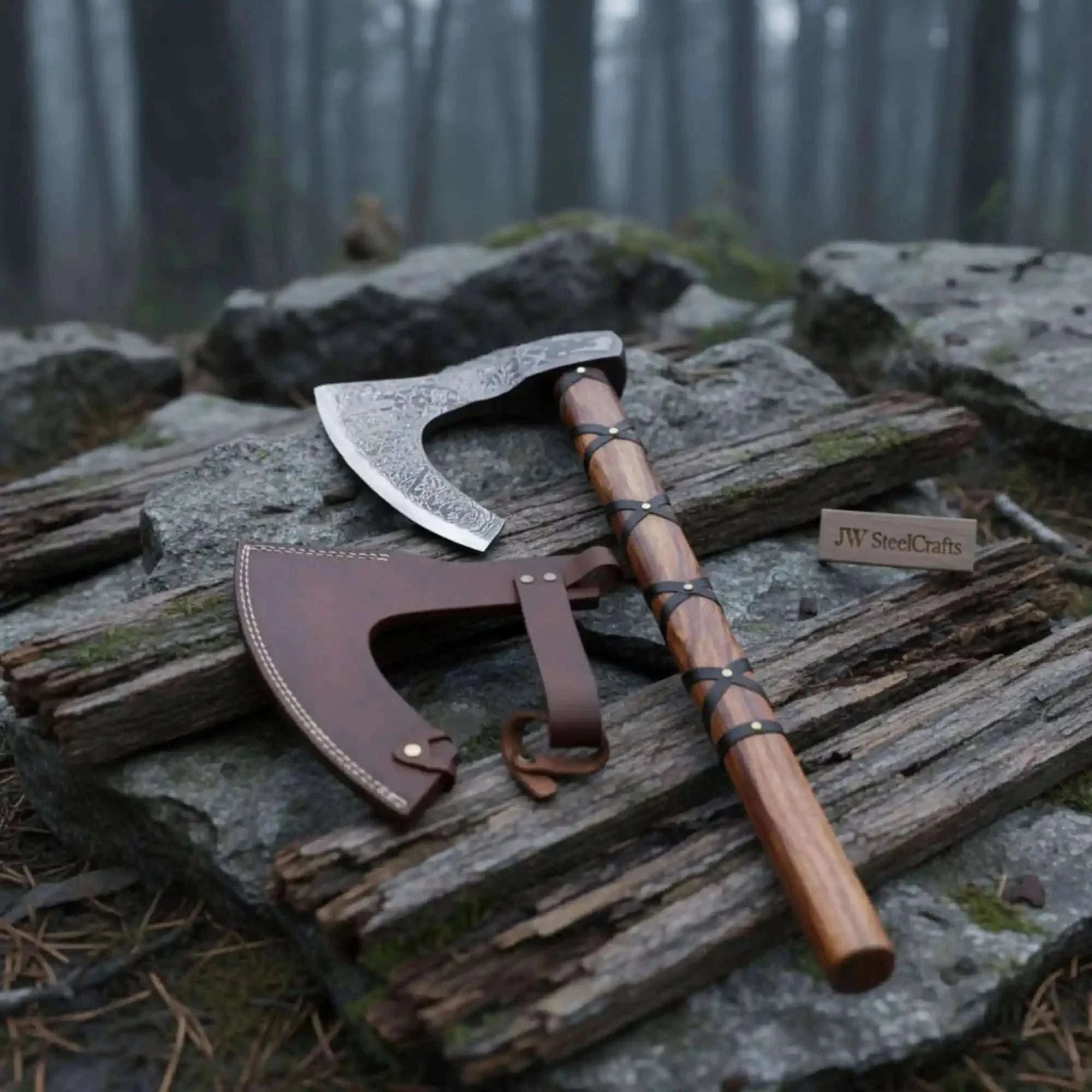 Palmarius Outdoors Handmade Damascus Skeggøx Bearded Axe with Leather Wrap and Sheath Handmade Axe